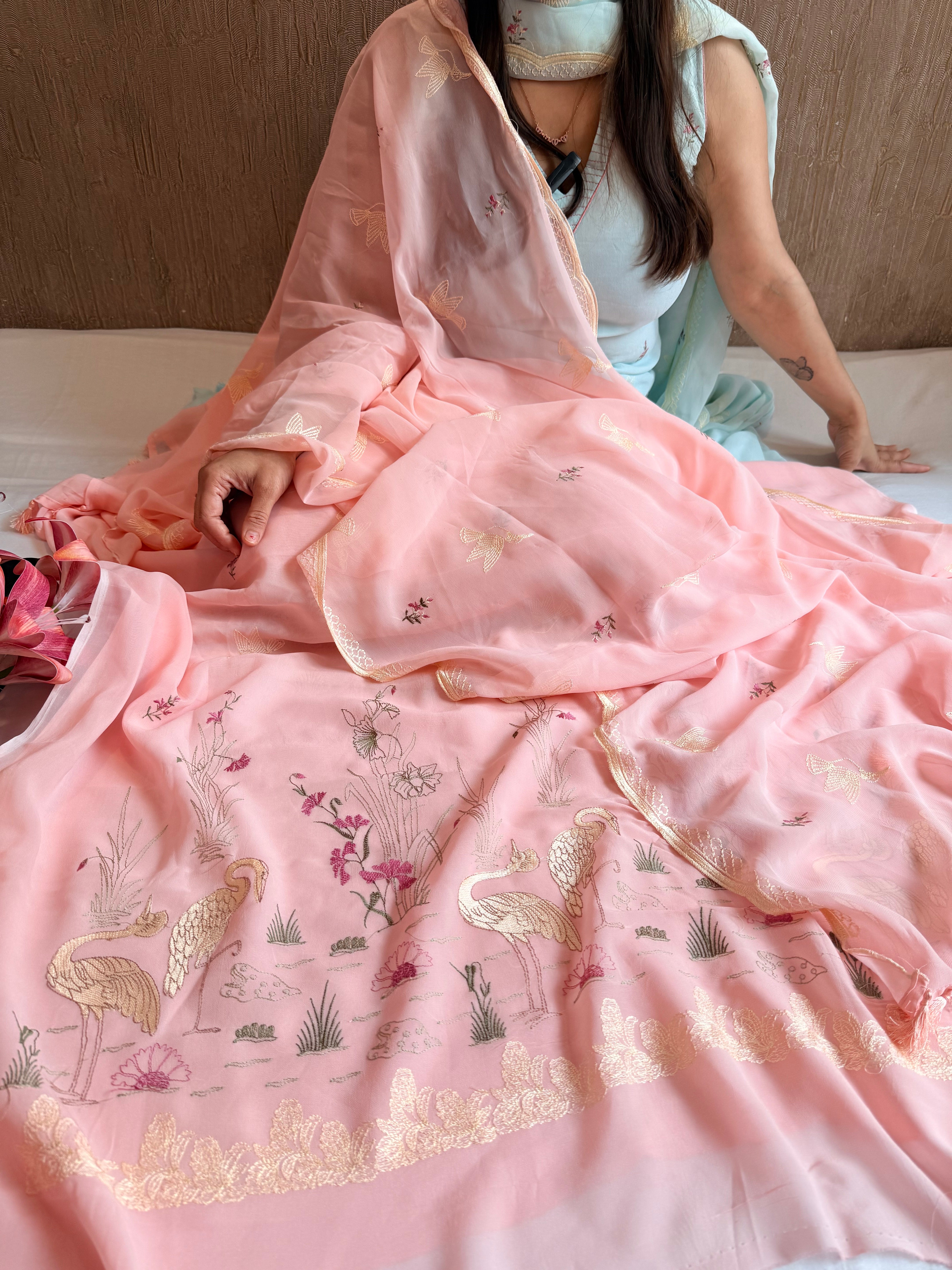 Chiffon gorgette blush peach flamingo meenakari hand embroidered suit