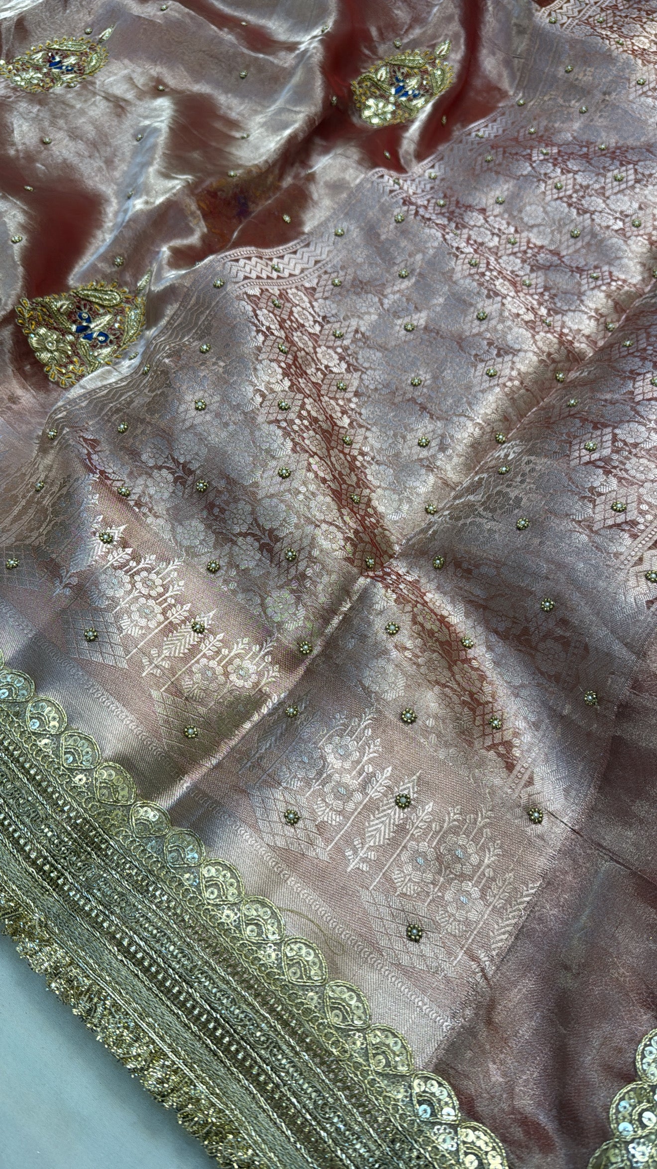 Rose gold peach tissue silk zardozi work hand embroidered kadhwa saree