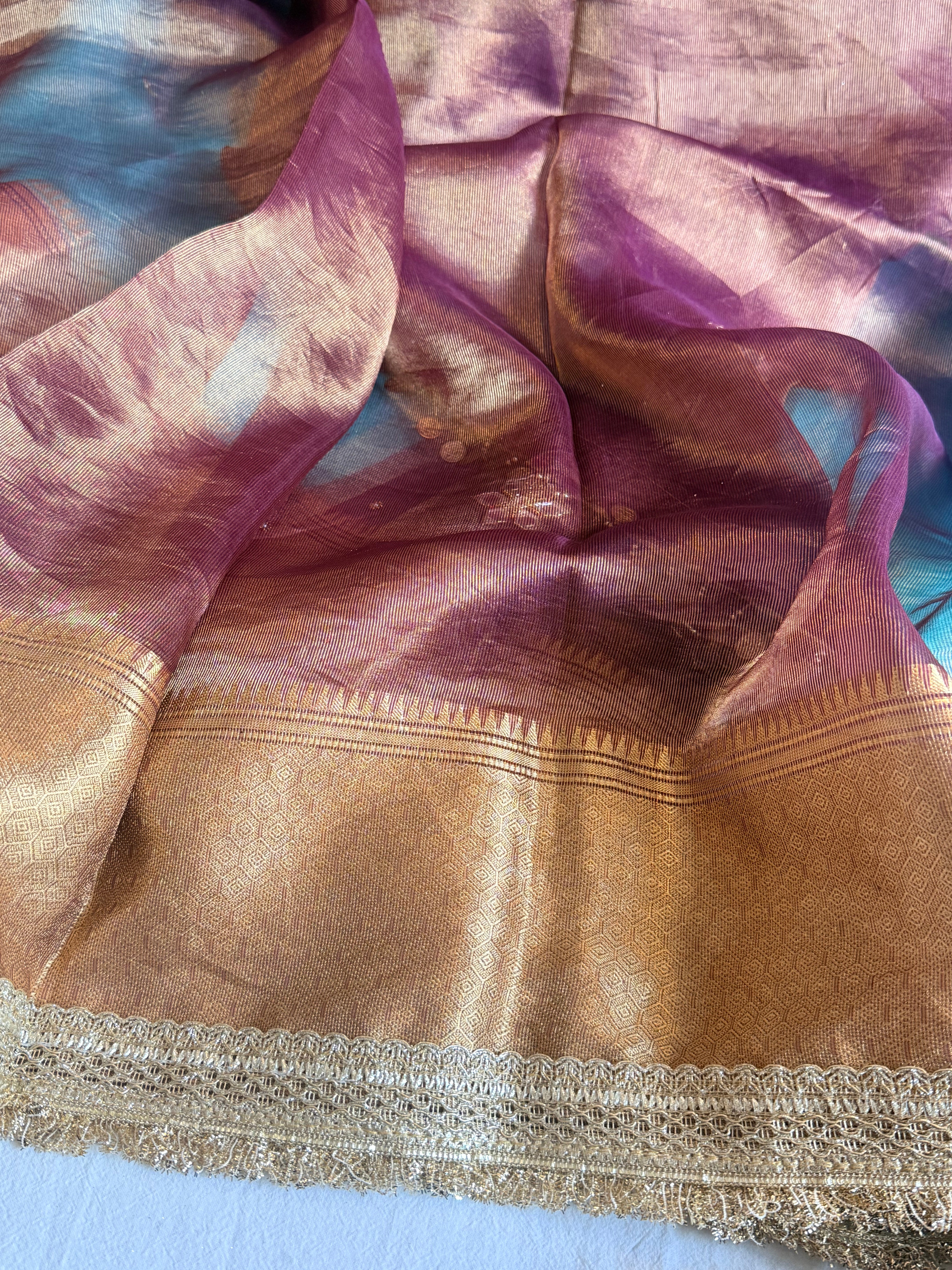 Husn ganga jamuna contrast border kora silk hand embroidered saree