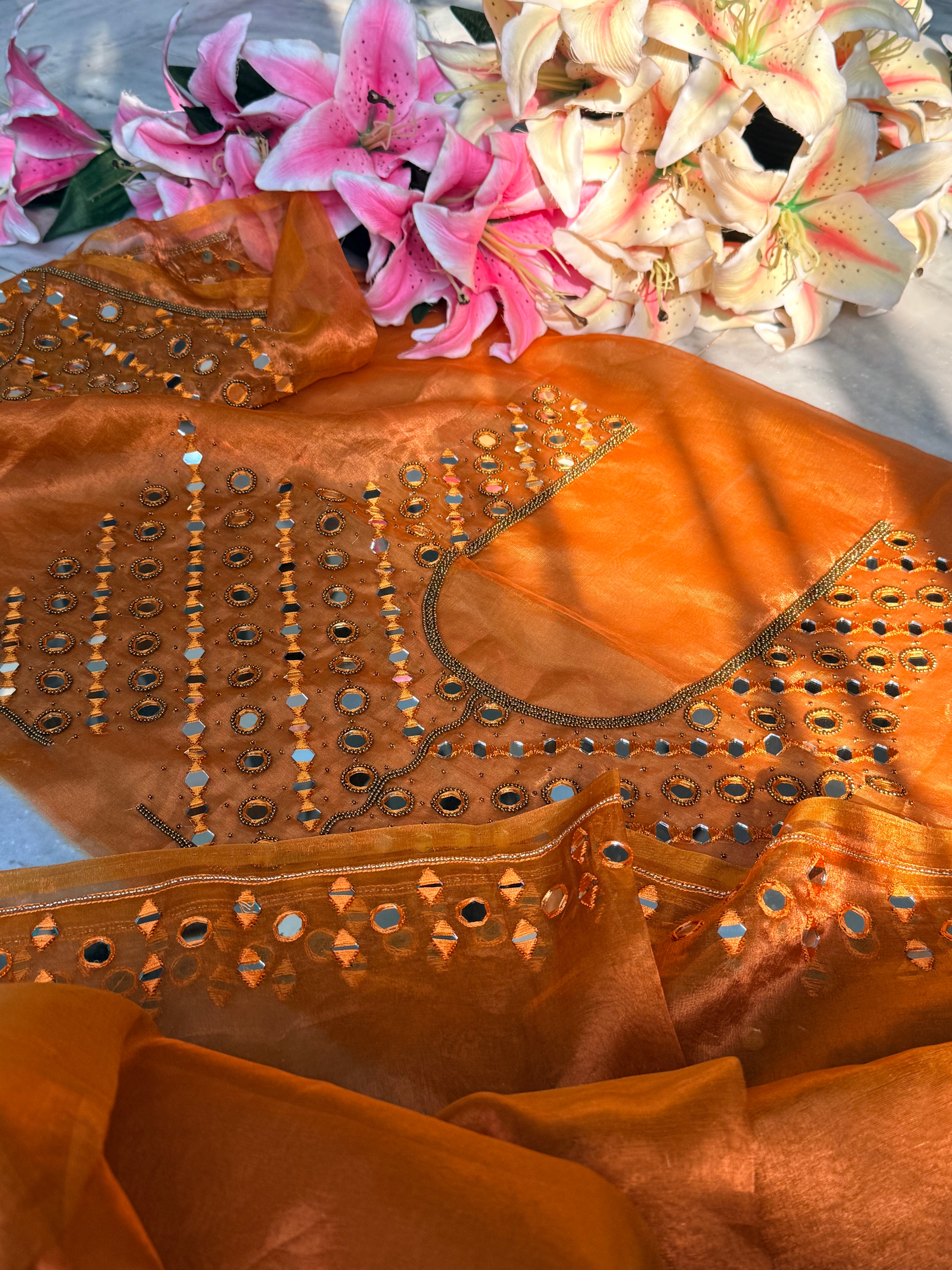 Sheesha wali saree - Haldi mustard tissue silk murror work hand embroidered saree
