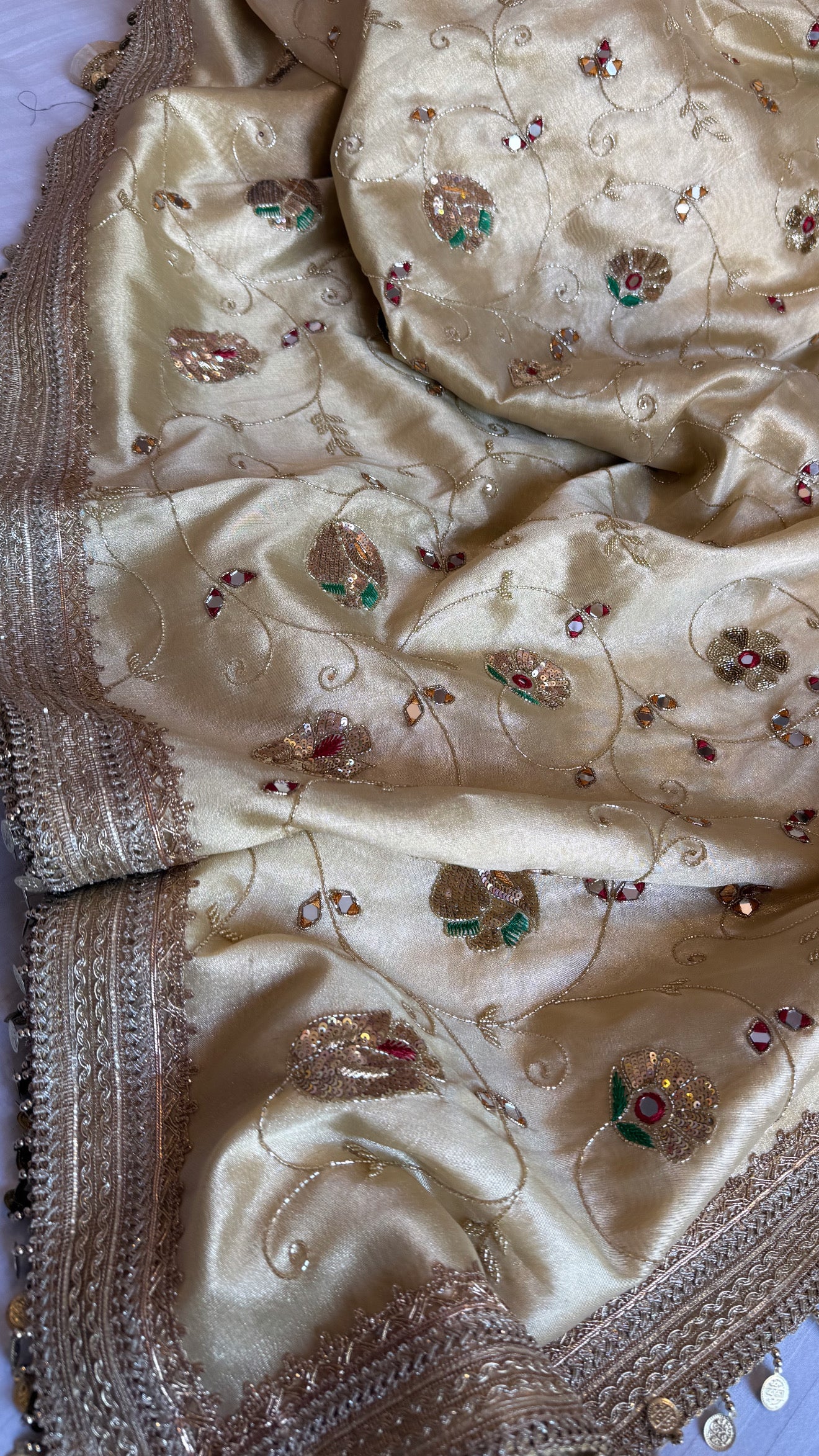 Mirror work edit - Tussar gold heavy mirror work jaal hand embroidered saree