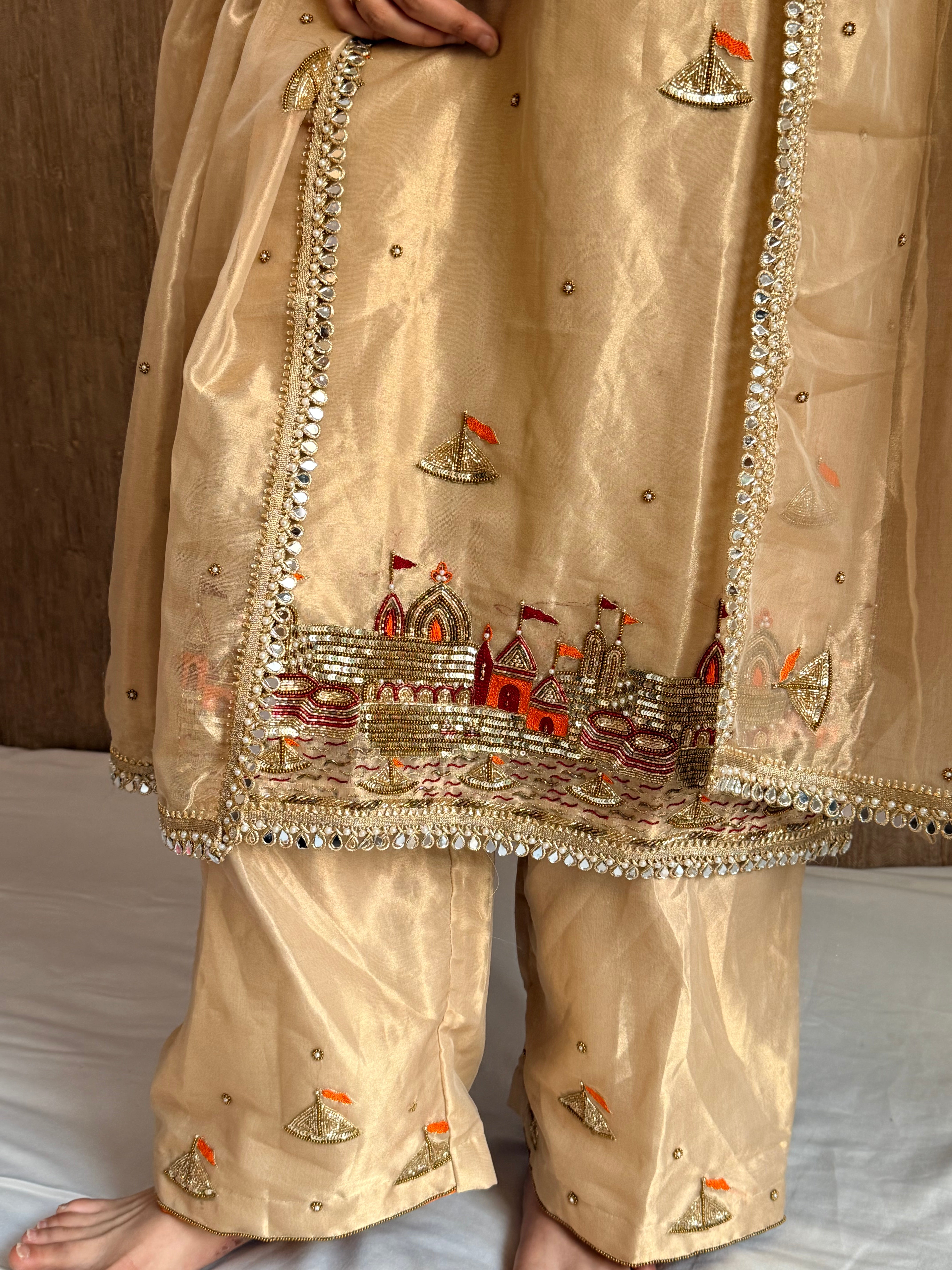 Gangaghat molten gold tissue silk hand embroidered suit set (STITCHED - S TO L )