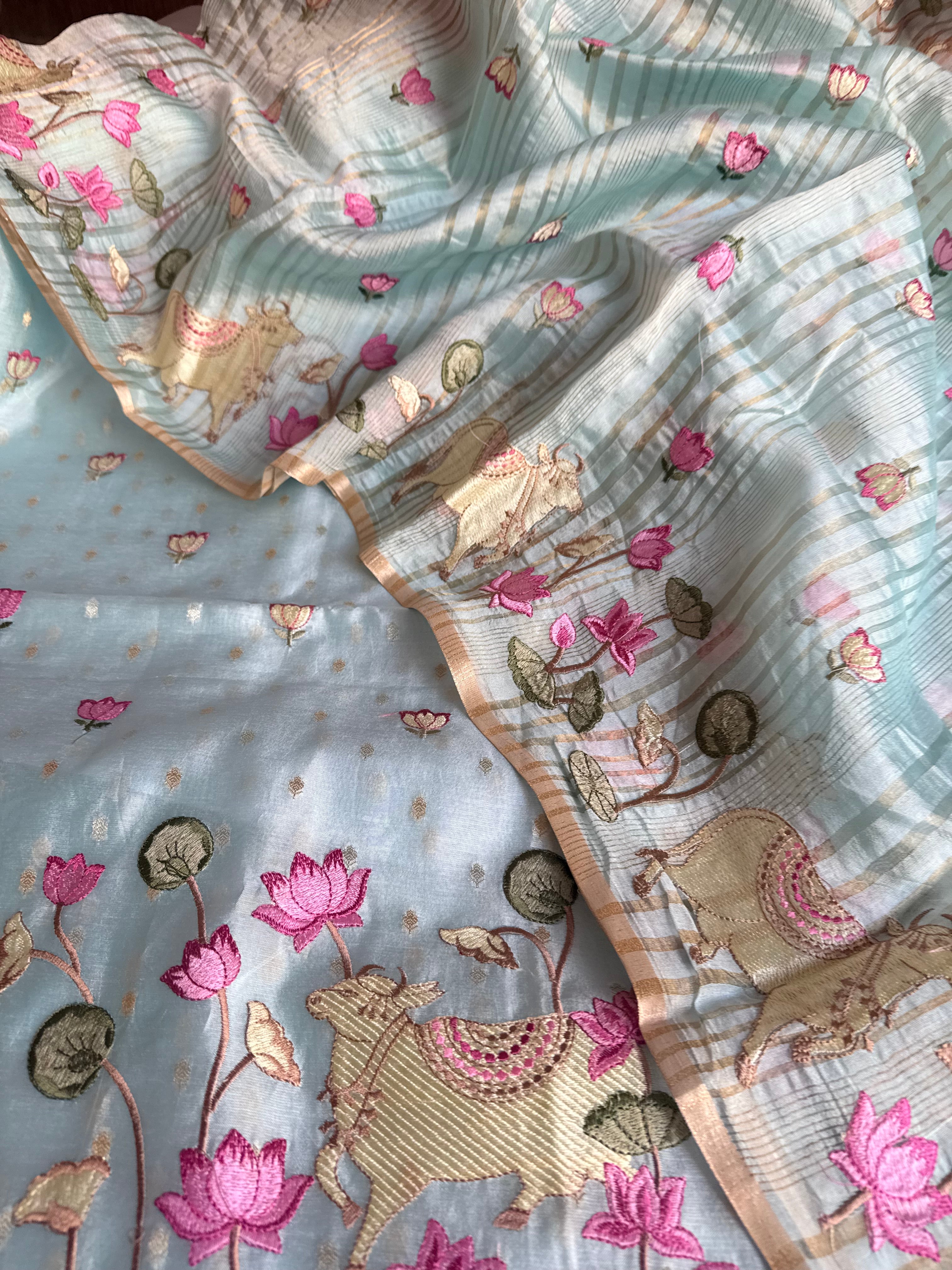 Suits under 10k - Spun chiniya silk parsi gara hand embroidered suit set