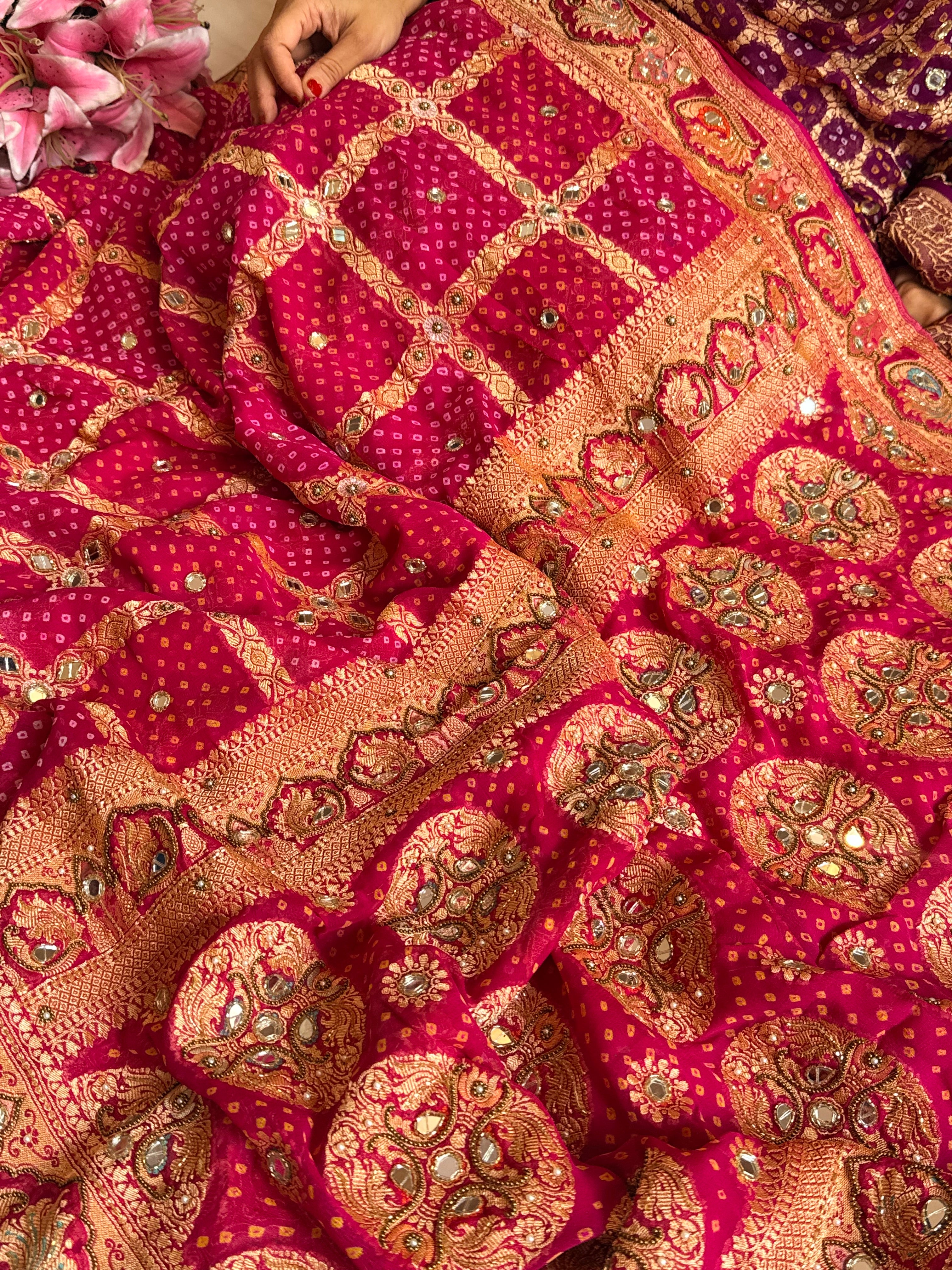Banarasi chiffon gorgette rai bandhej kadhwa weaving hand embroidered saree