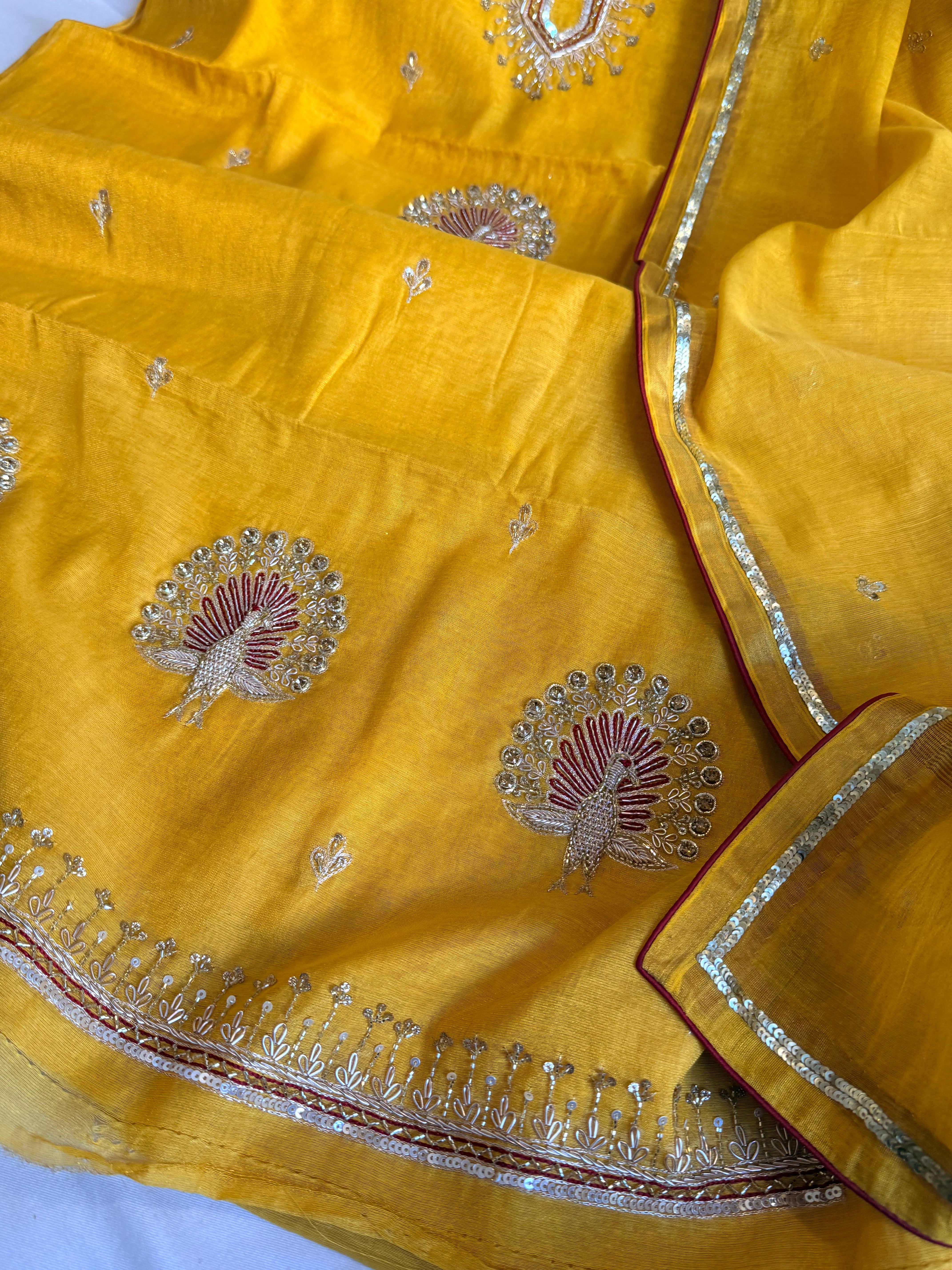 Haldi yellow mul cotton tissue hand embroidered kadhwa suit set