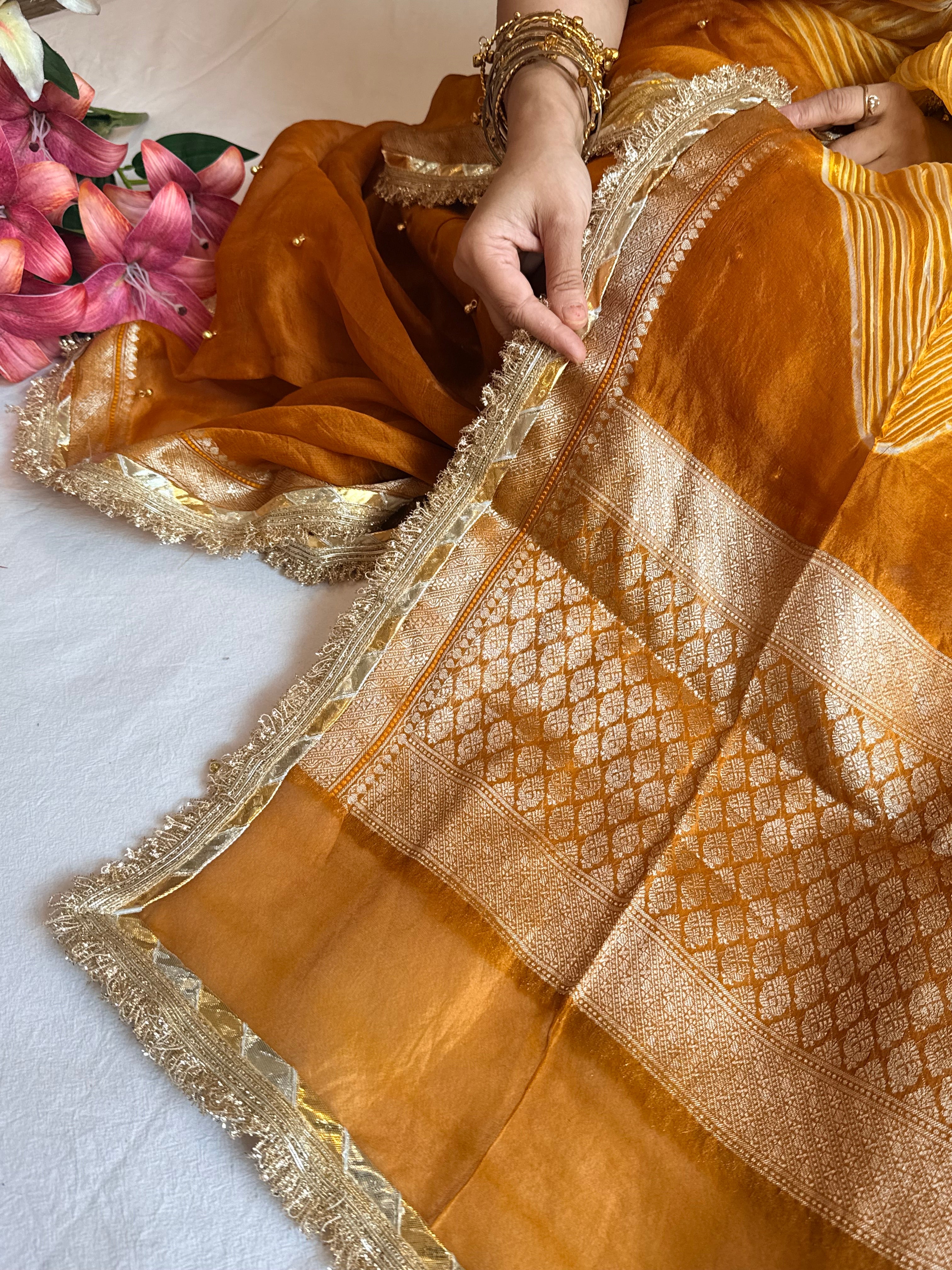 Arshi dye ghungro work kora silk banarasi kadhwa weaving saree