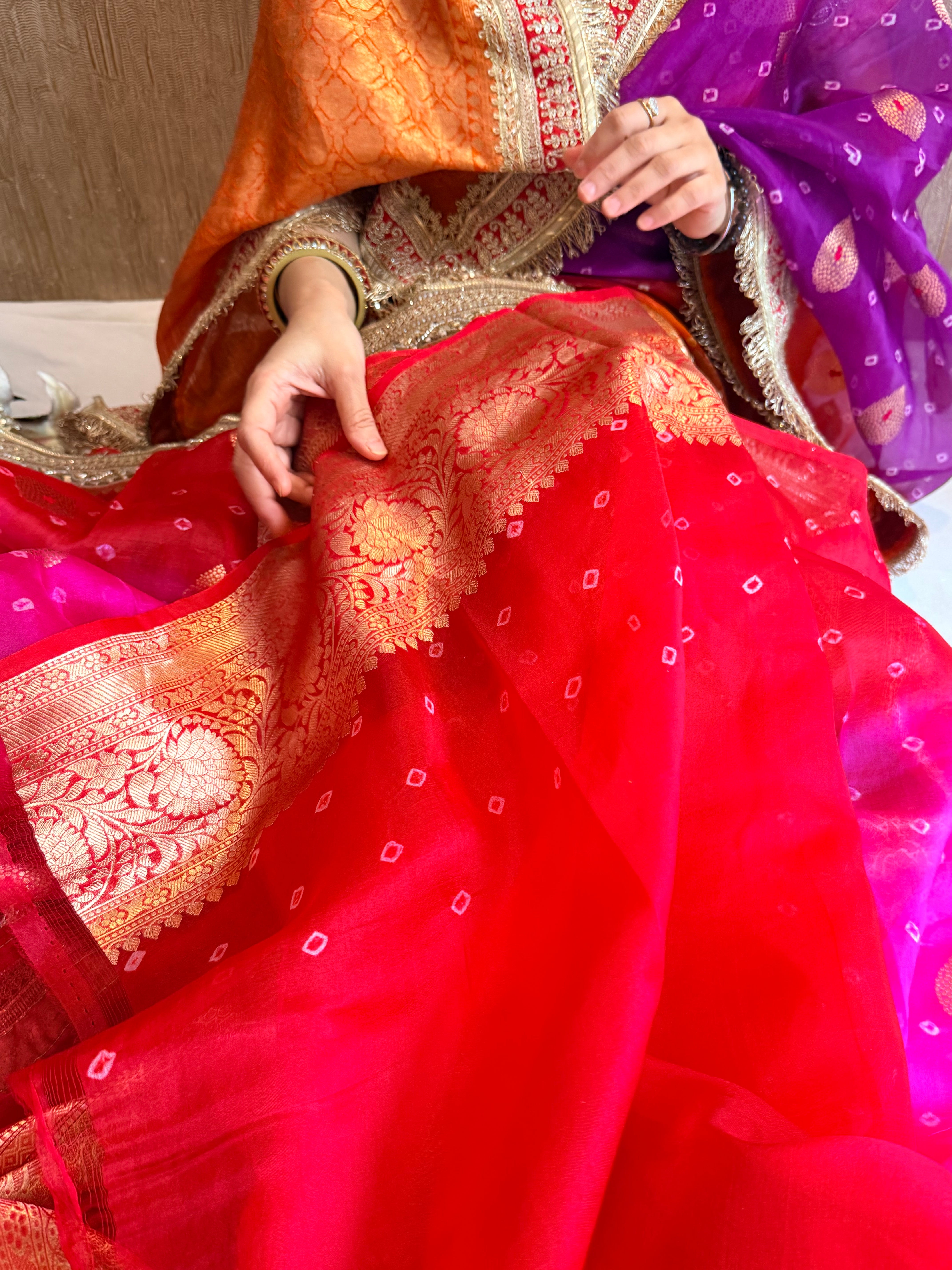 Mayra wali saree - Kora silk bandhej work meenakari gotapatti saree