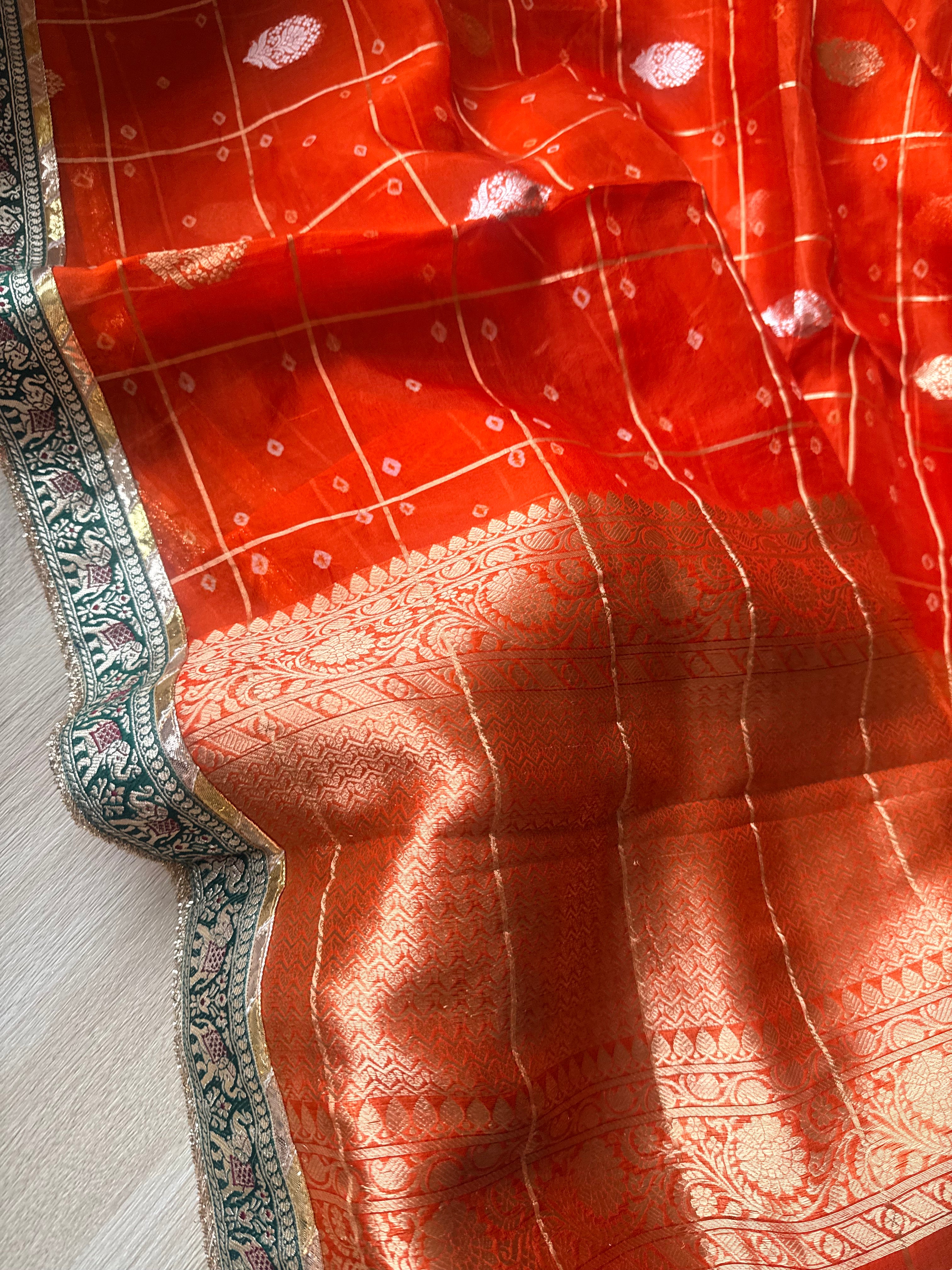 Kora bandhej edit - Fanta orange kora silk kadhwa buti hand embroidered saree