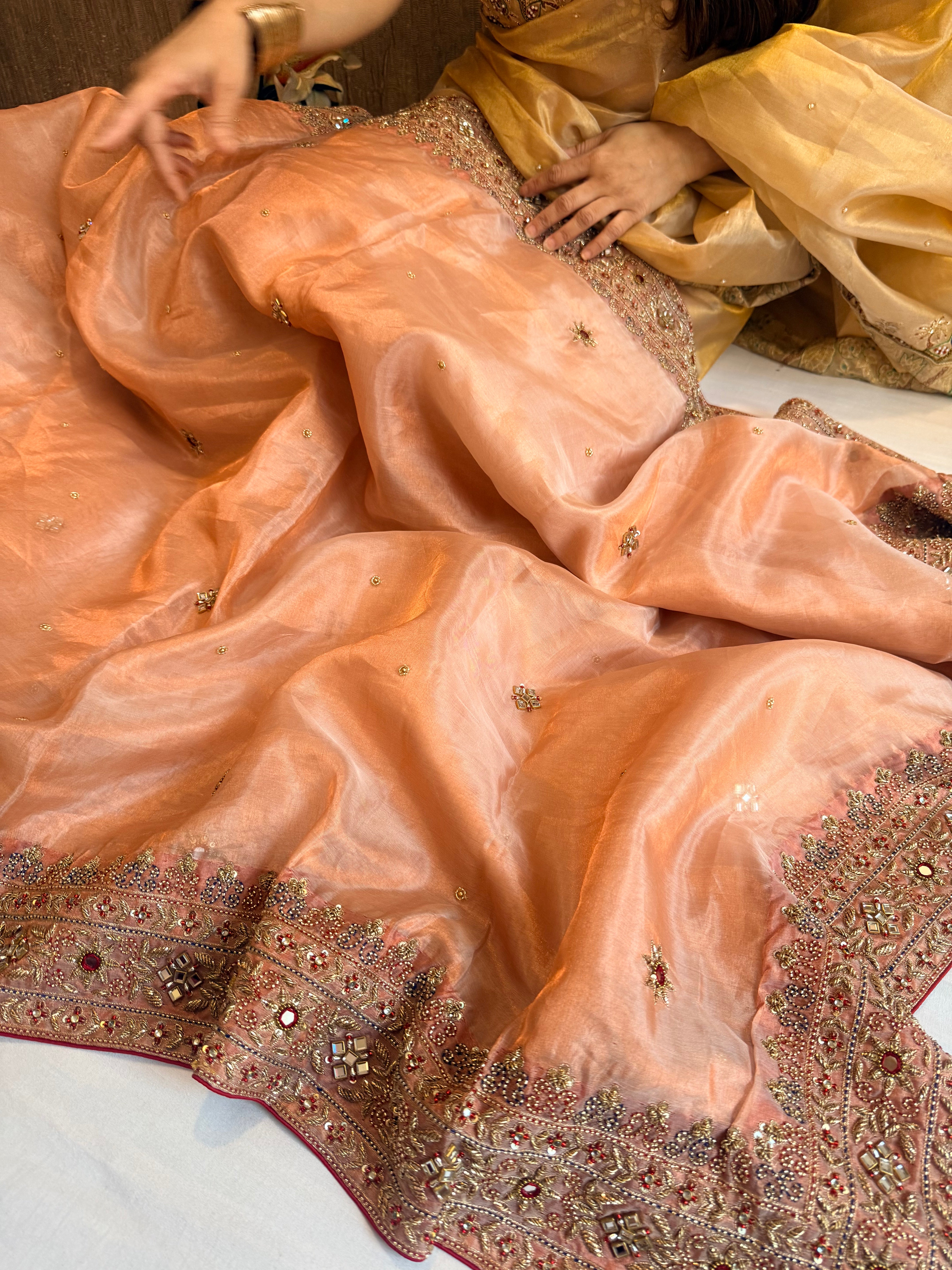 Zardozi & Jadauwork border tissue silk hand embroidered kadhwa copper saree