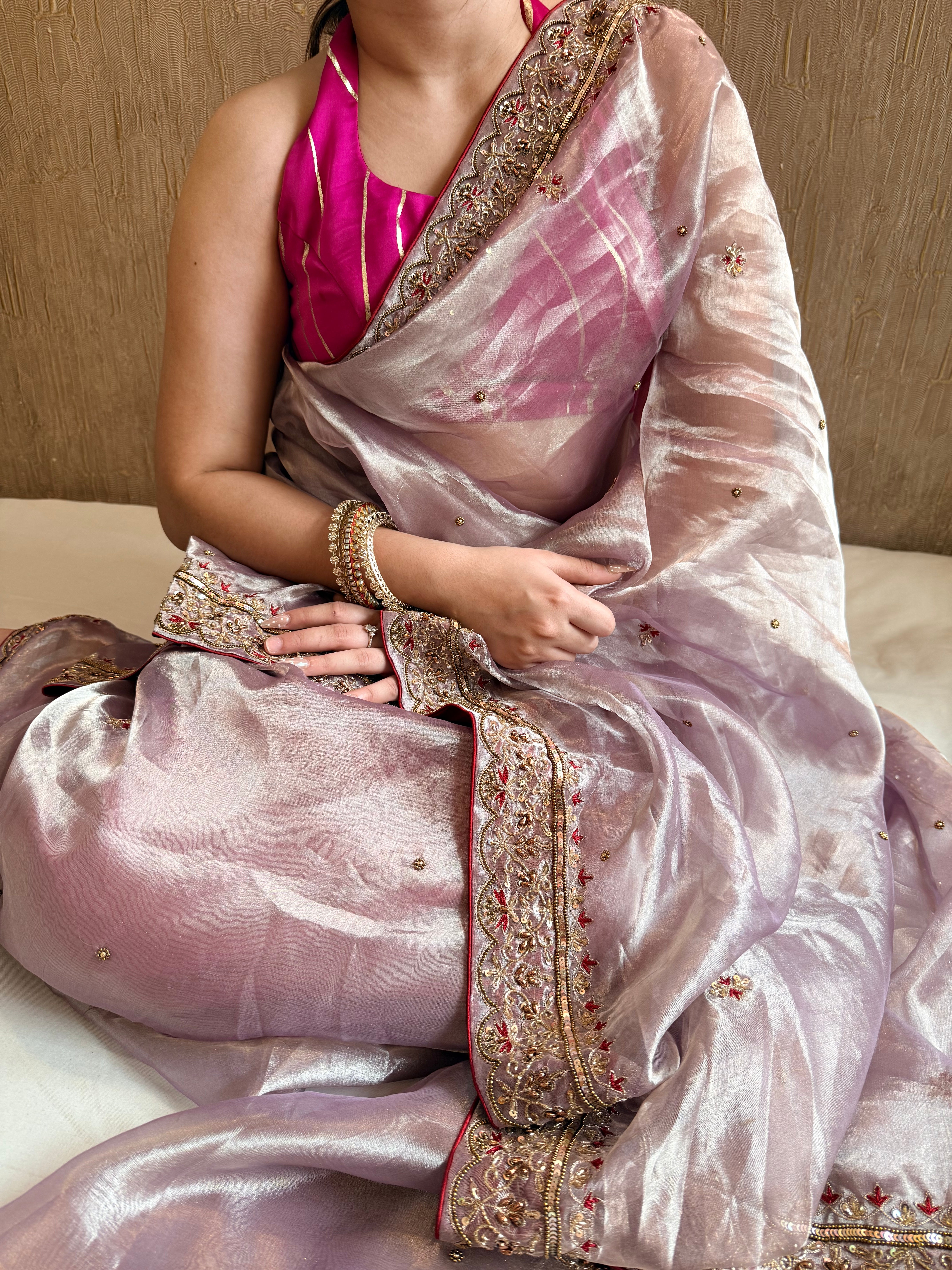 Dulhan wali saree edit lilac tissue silk hand embroidered saree