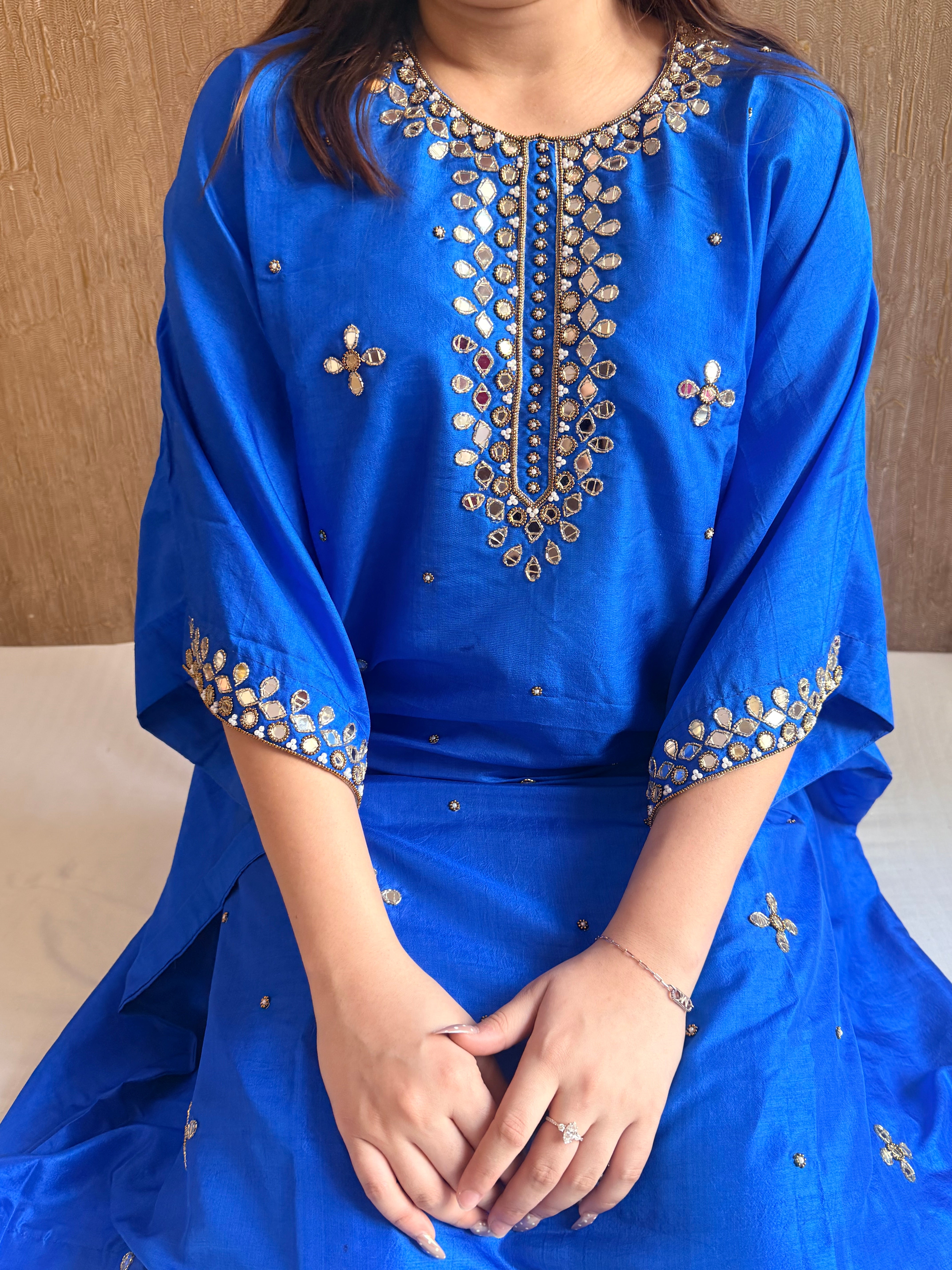Mashru satin silk banarasi mirrorwork free size kaftan set with bottom