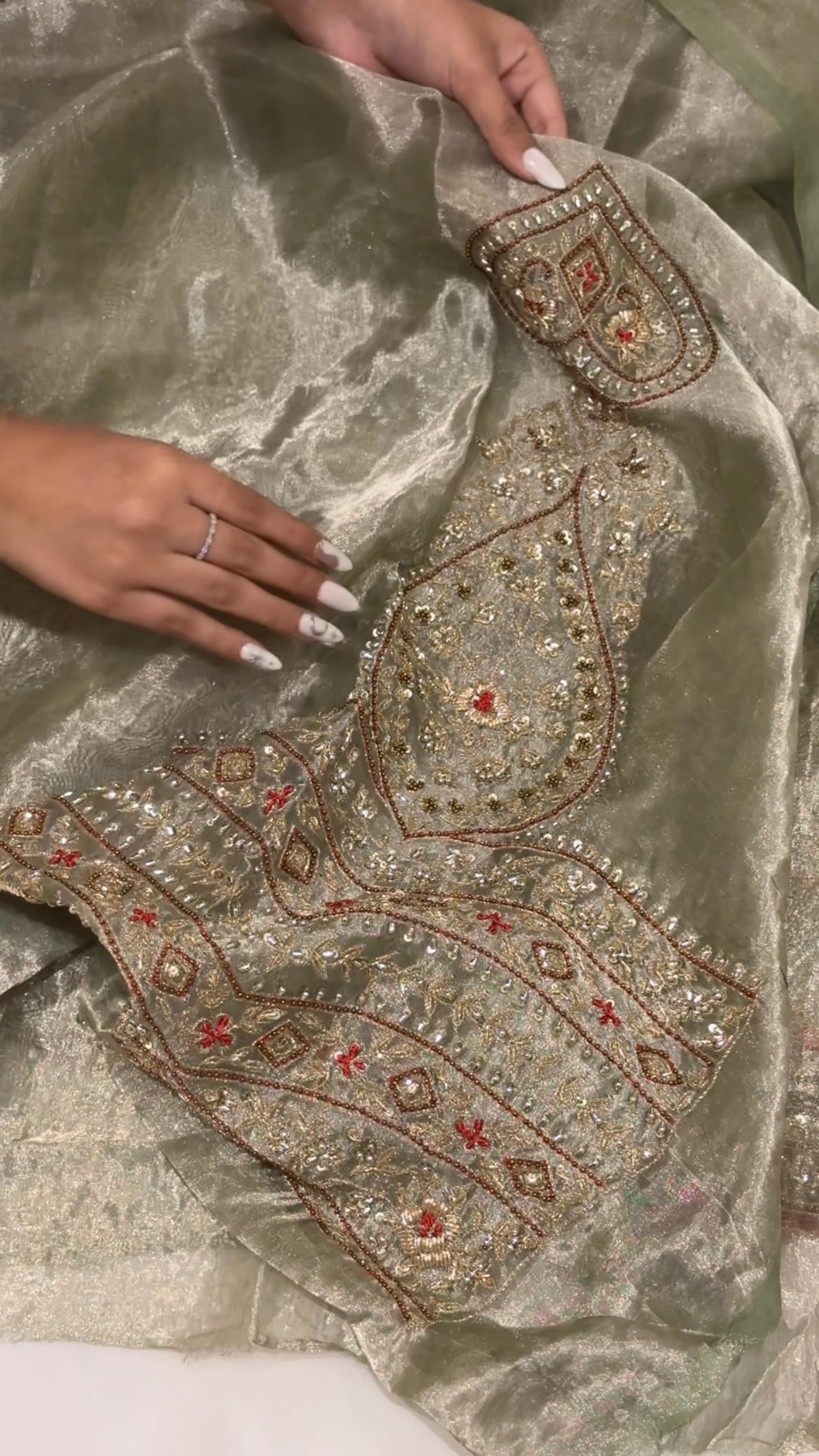 Umrao jaan inspired mint-red tissue silk hand embroidered kadhwa suit set