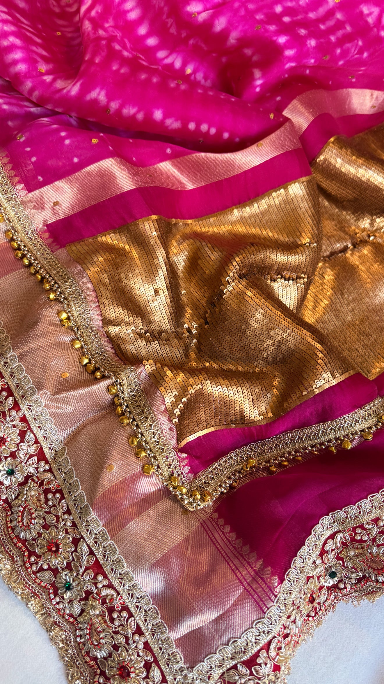 Chan Chan ghungroo hot pink work kora silk leheriya dye kadhwa saree