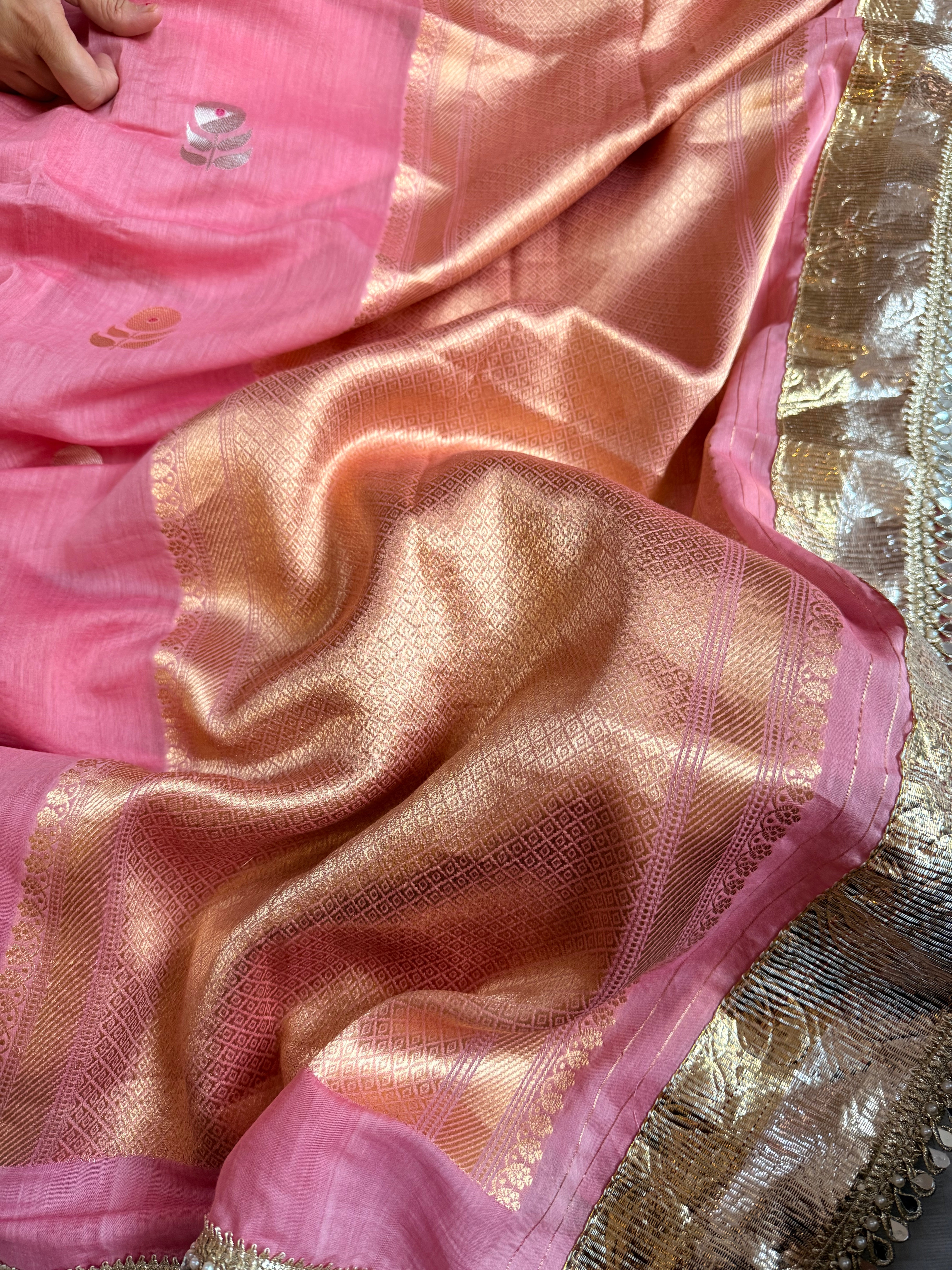 Handloom mulmul cotton silk saree with lampi gota border