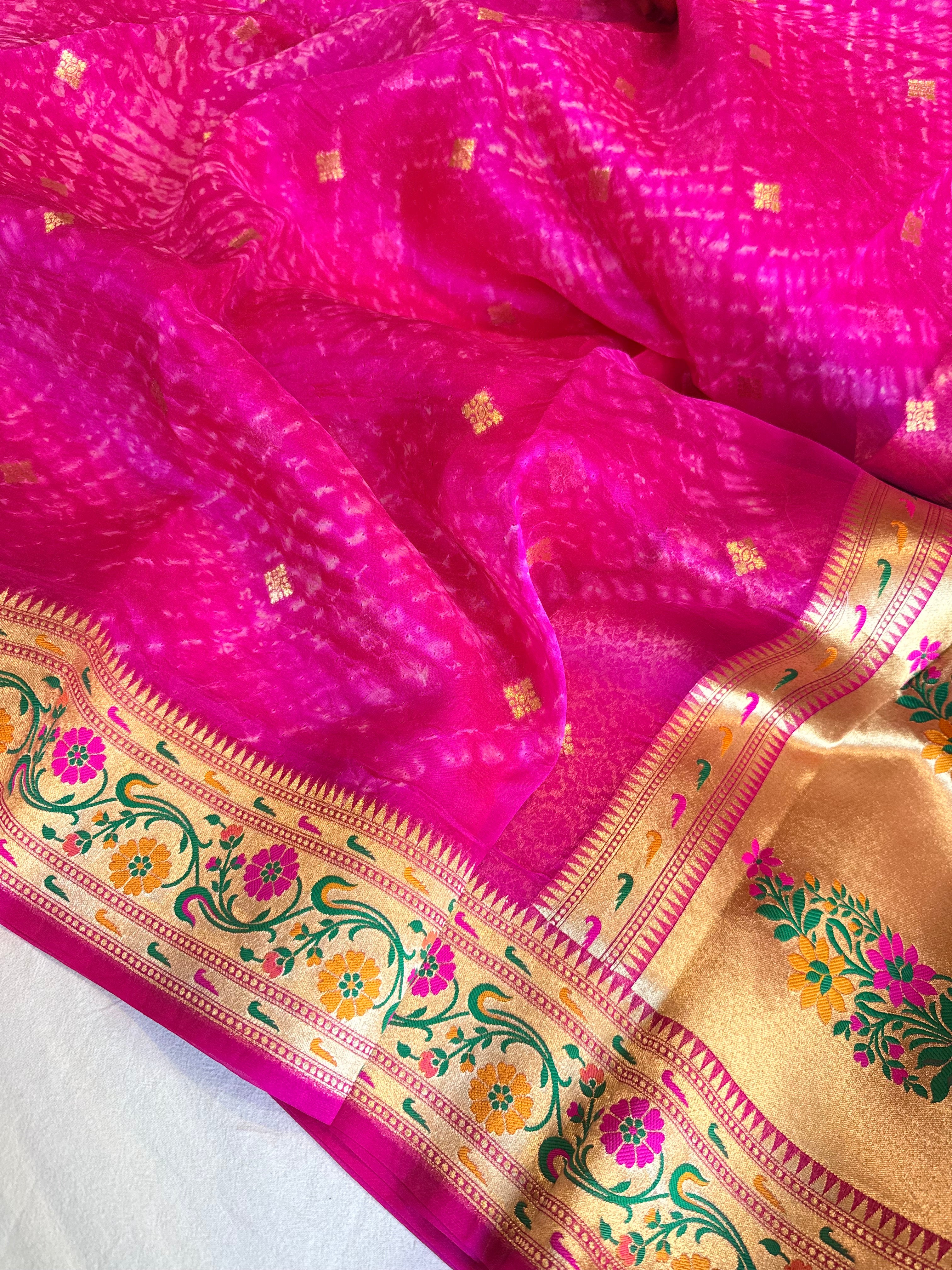 Hot fuchsia pink kora silk paithani meenakari border arshi dye saree