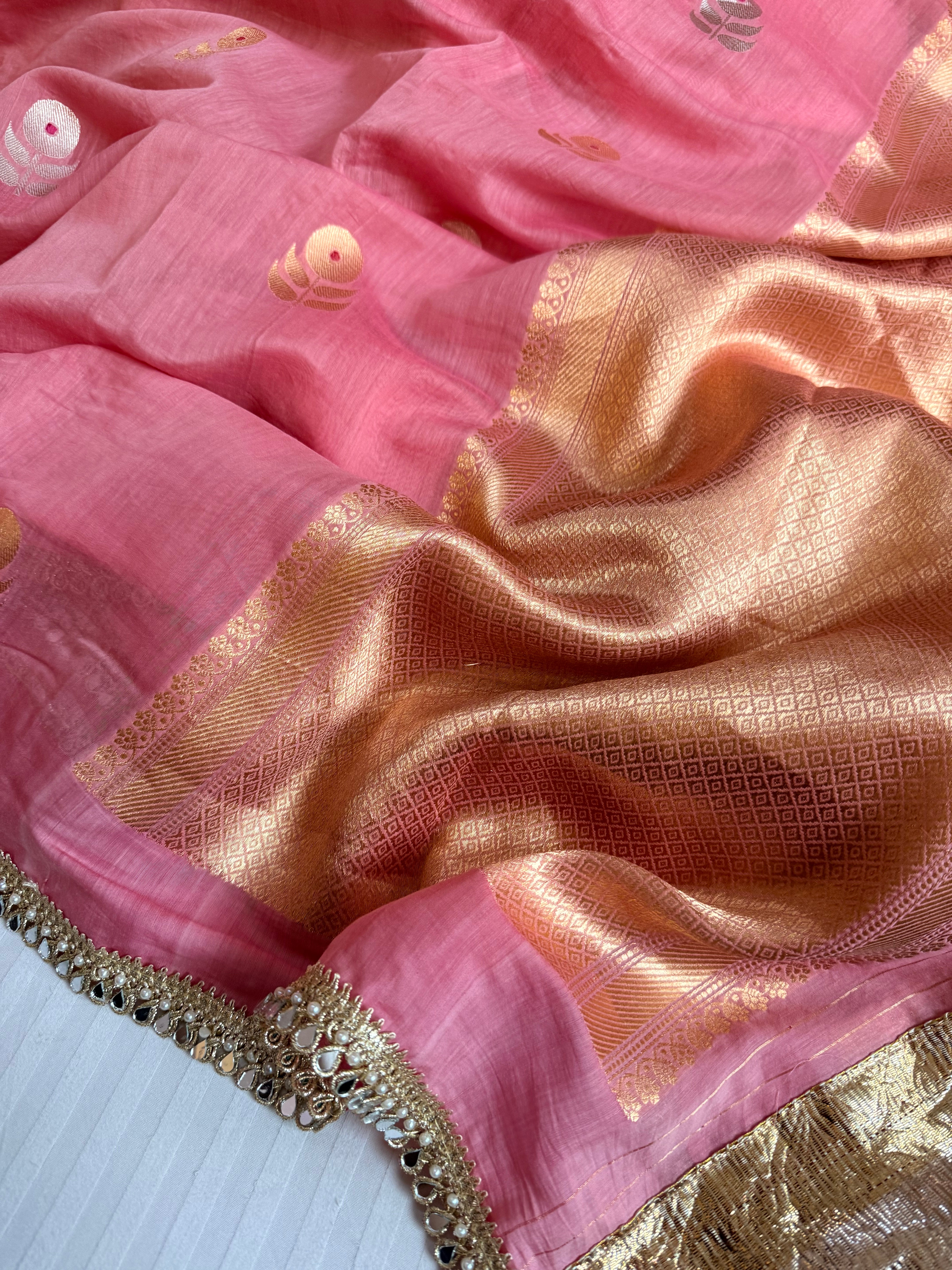 Handloom mulmul cotton silk saree with lampi gota border