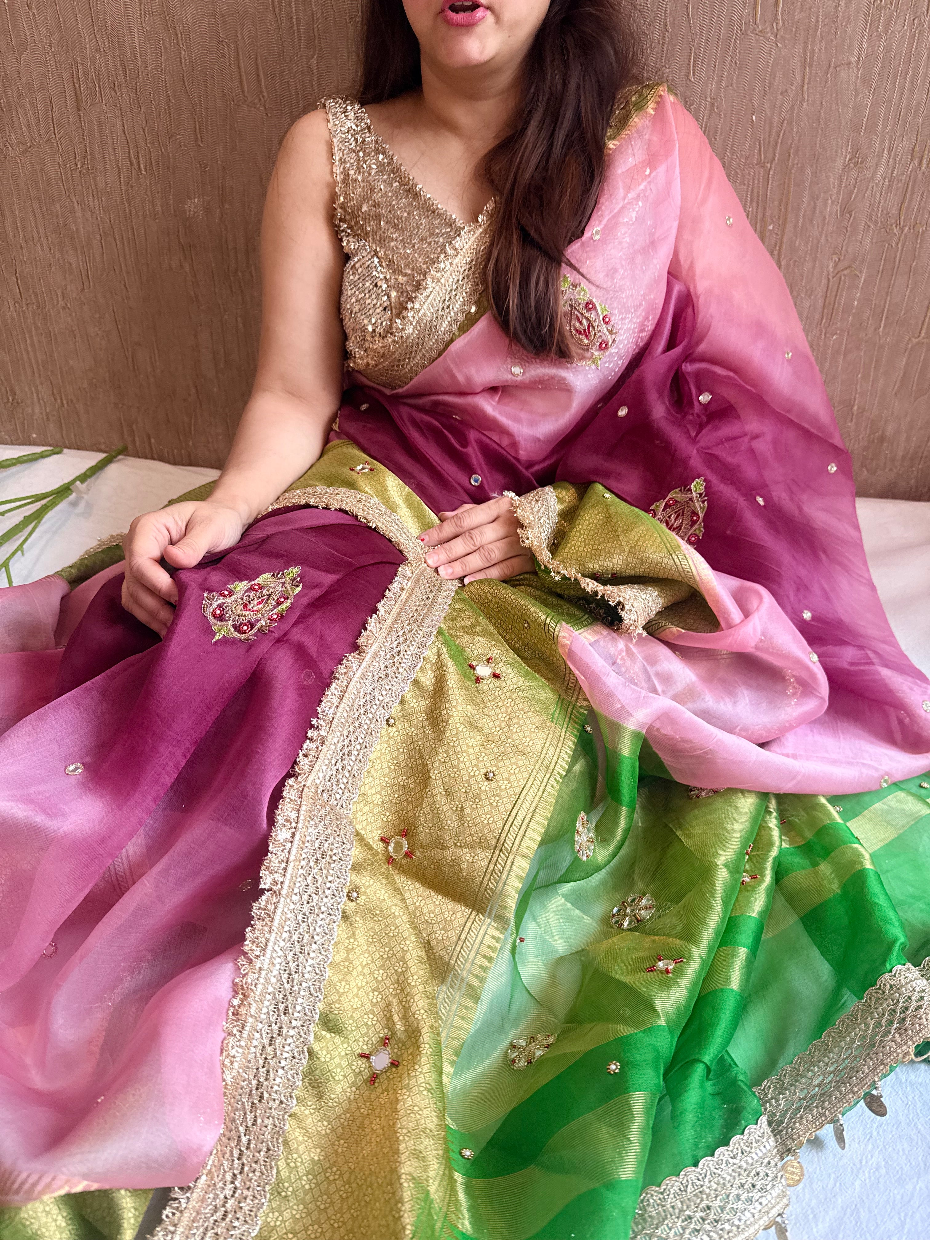 Husn ganga jamuna contrast border kora silk hand embroidered saree