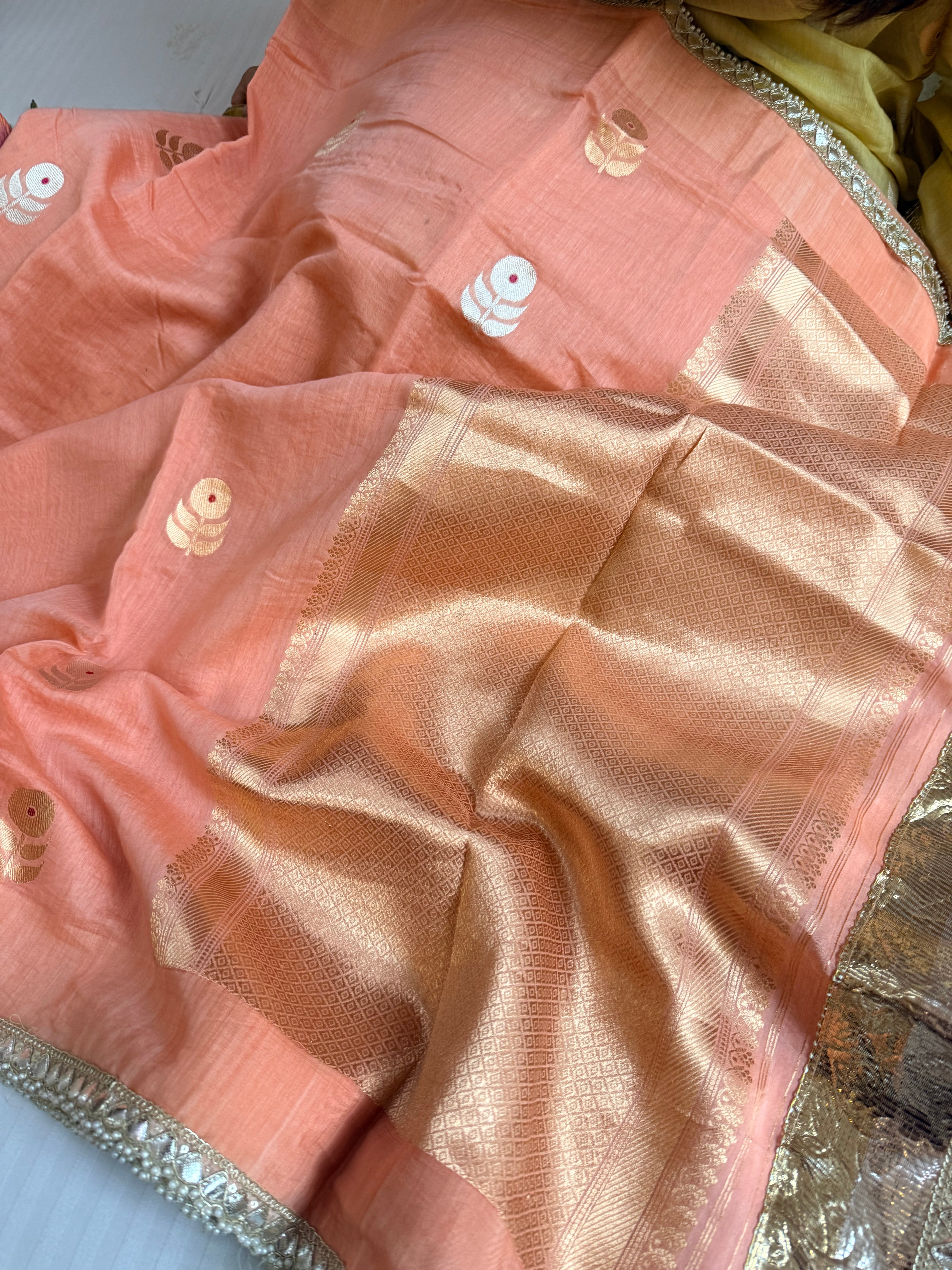 Handloom mulmul cotton silk saree with lampi gota border