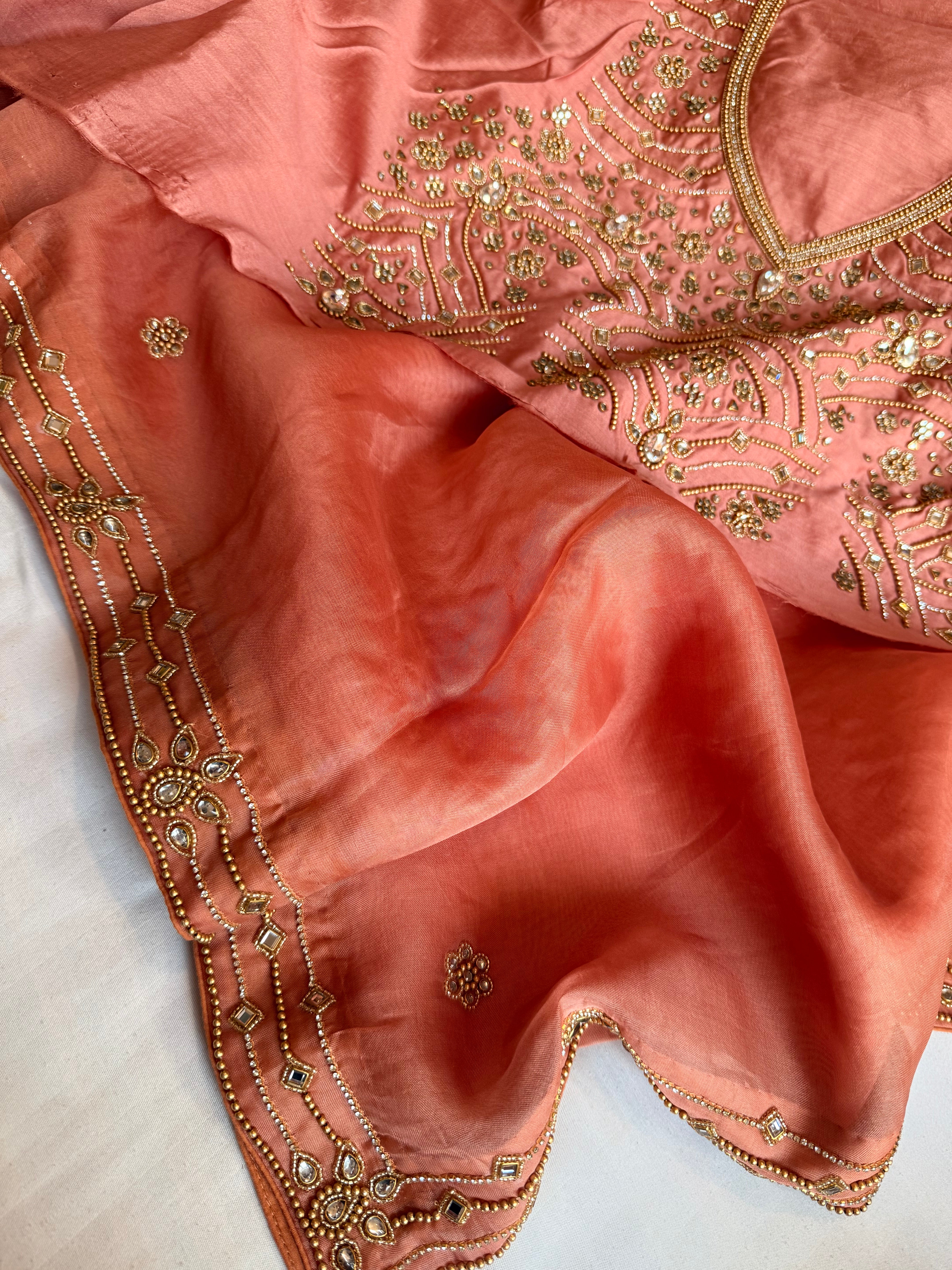 Banarasi rose peach kora silk polki hand embroidered kadhwa saree