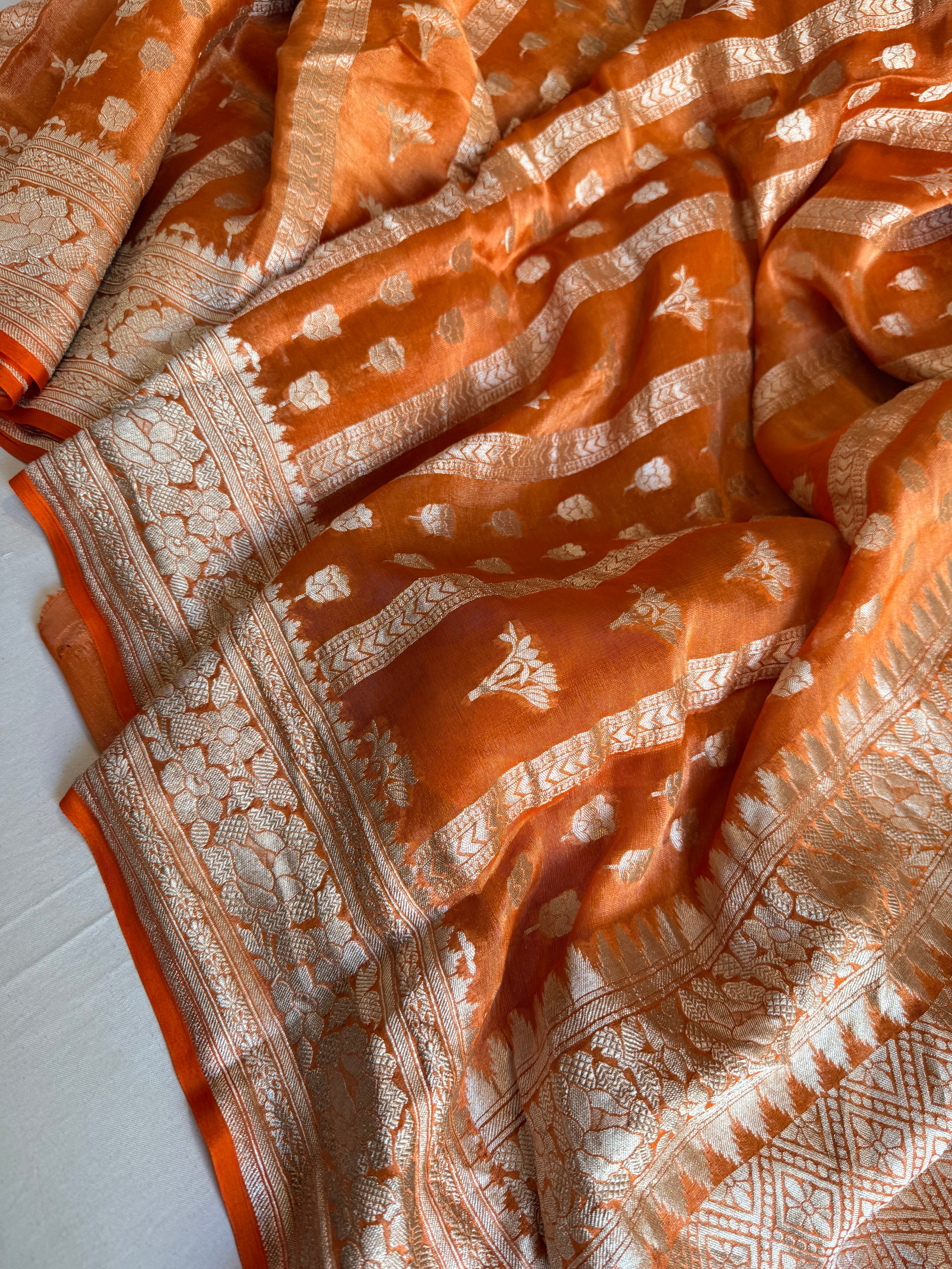 Chiffon peachy orange tissue gorgette kadhwa jaalwork soft silk saree