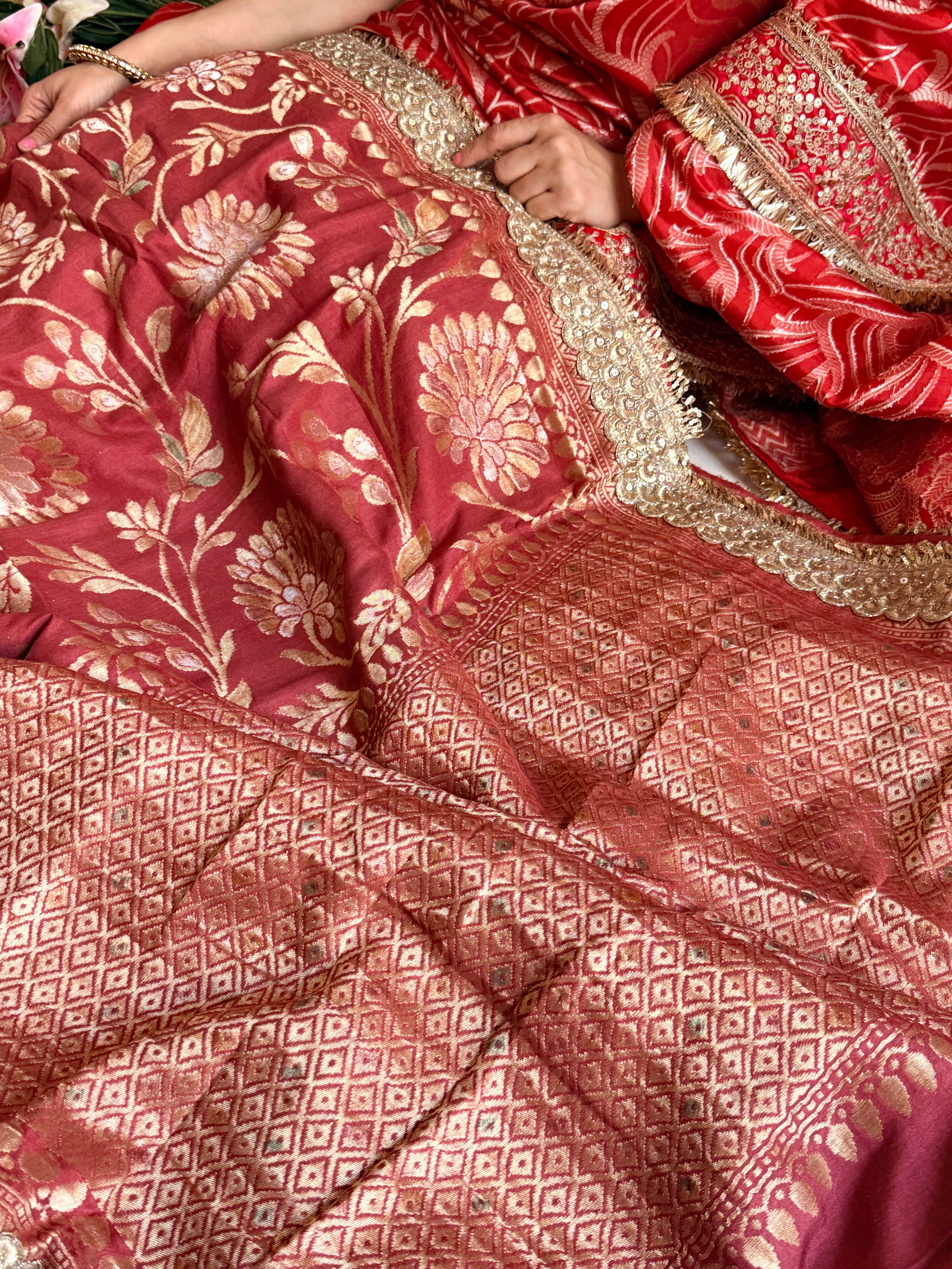 Maroonish red moonga silk meenakari jungla kadhwa saree