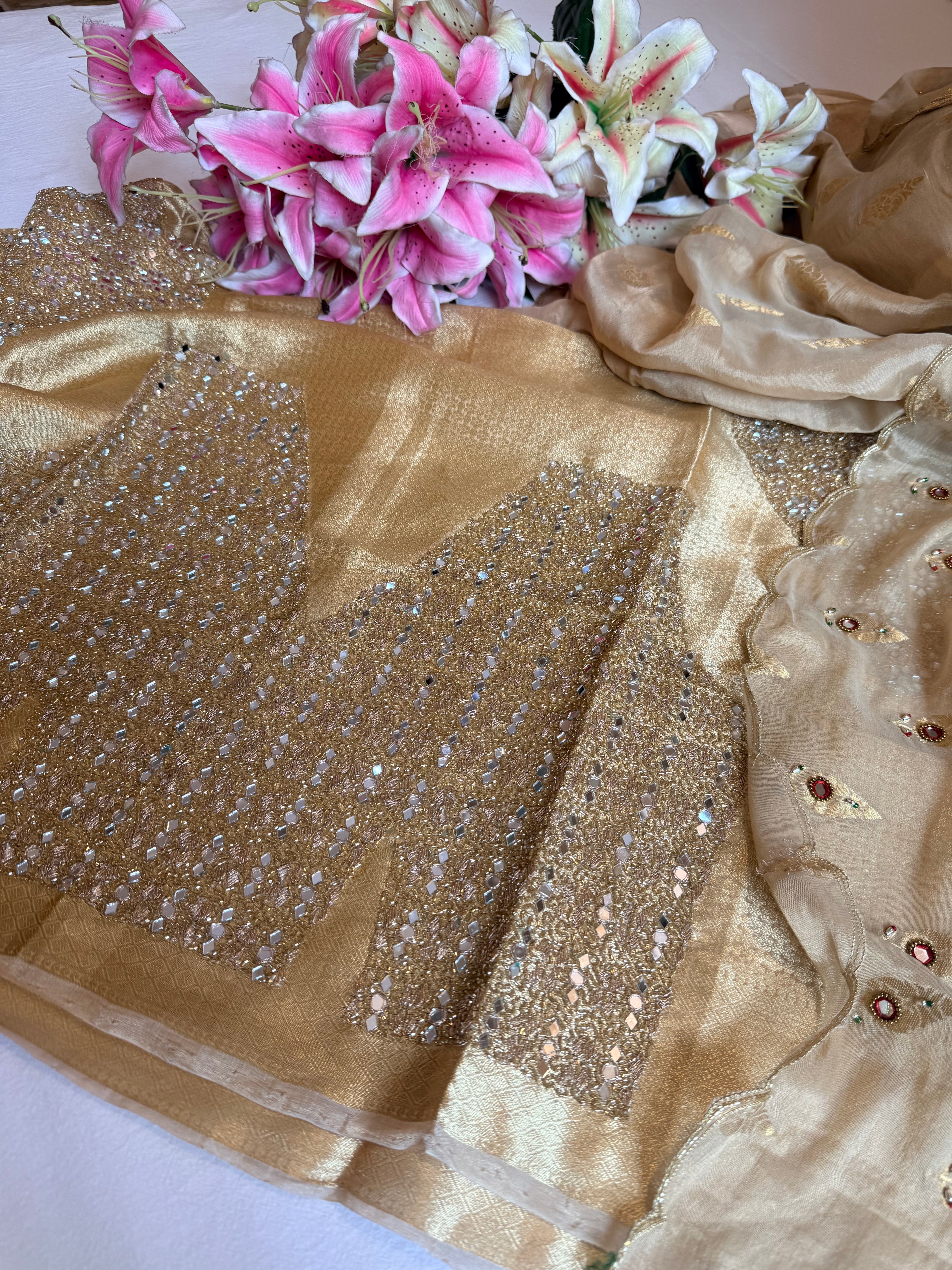 Chiffon tissue gorgette chunri buti hand embroidered kadhwa saree