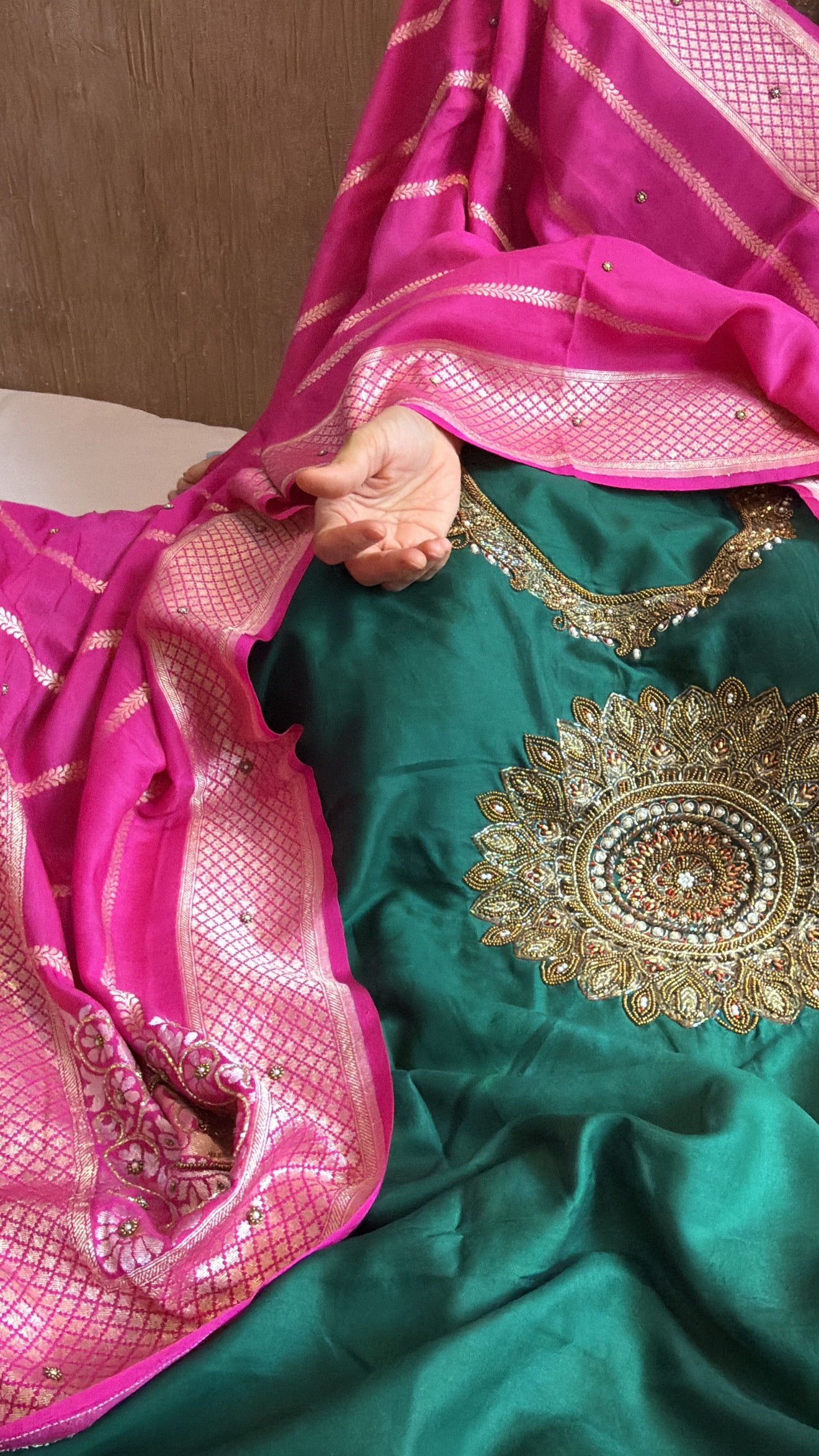 Hot pink - Bottle green spun chiniya silk hand embroidered mandala work suit set
