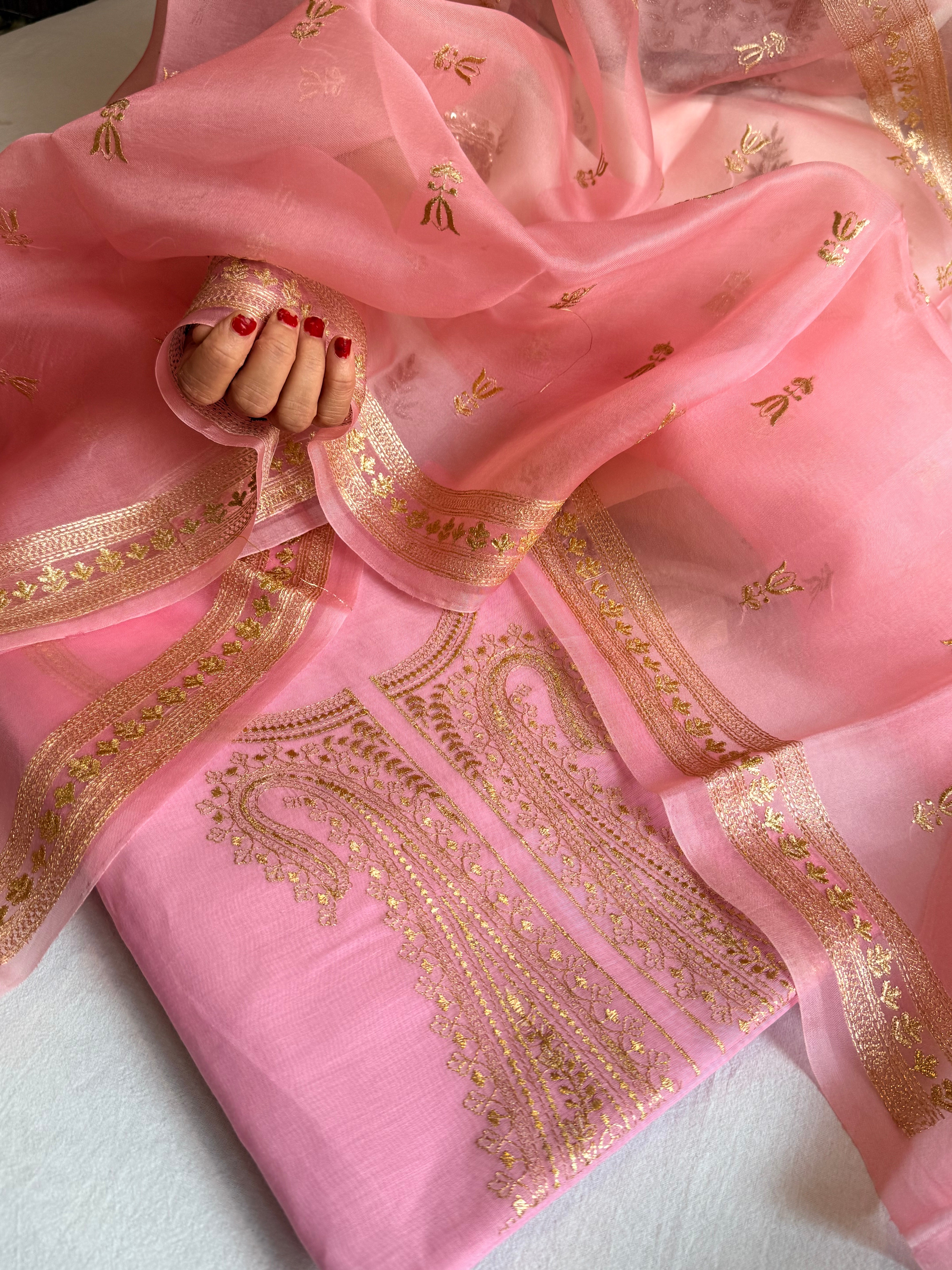 Mul cotton aariwork hand embroidered banarasi suit set