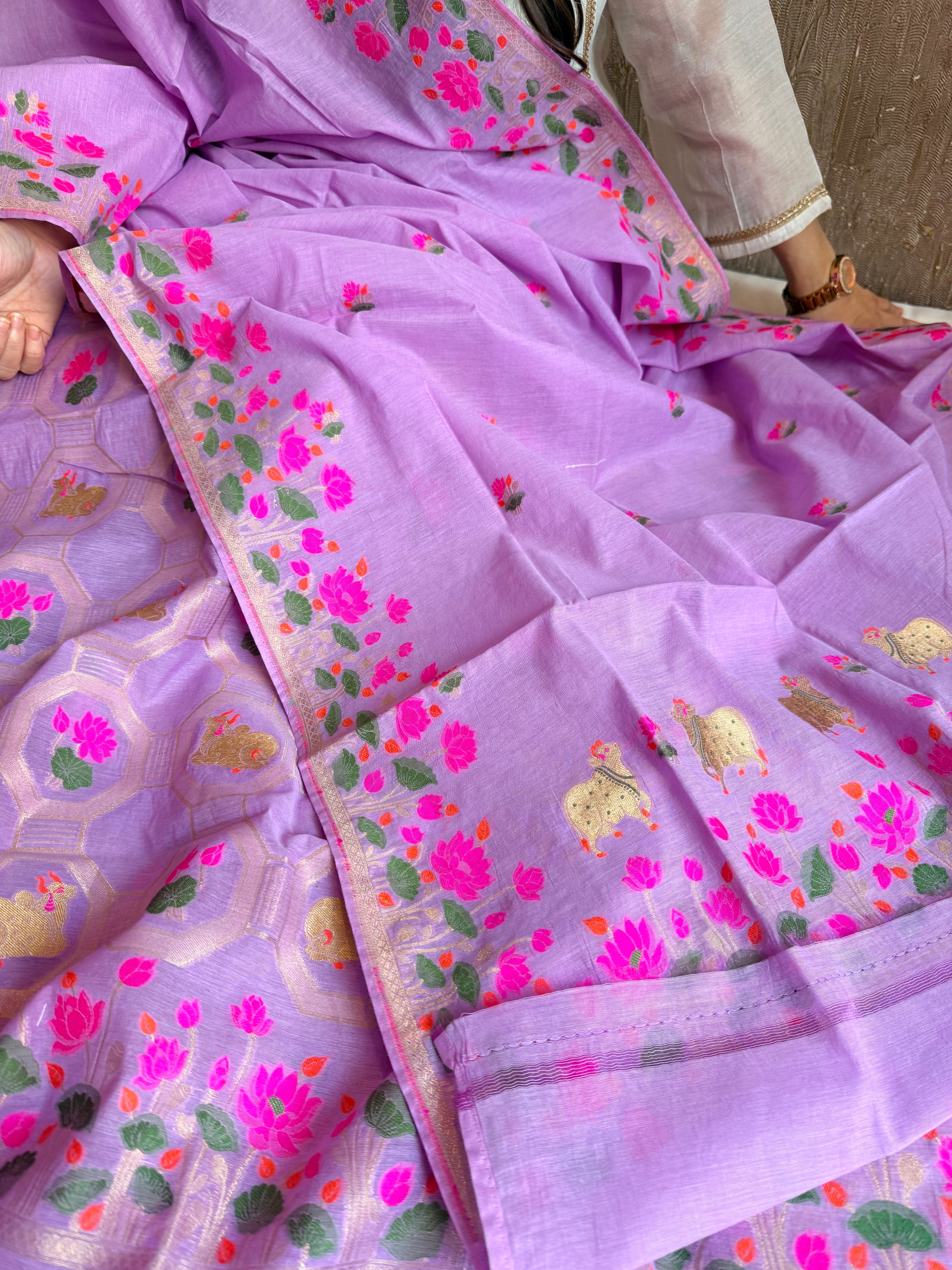 Mul cotton banarasi meenakari nandu motif suit sets