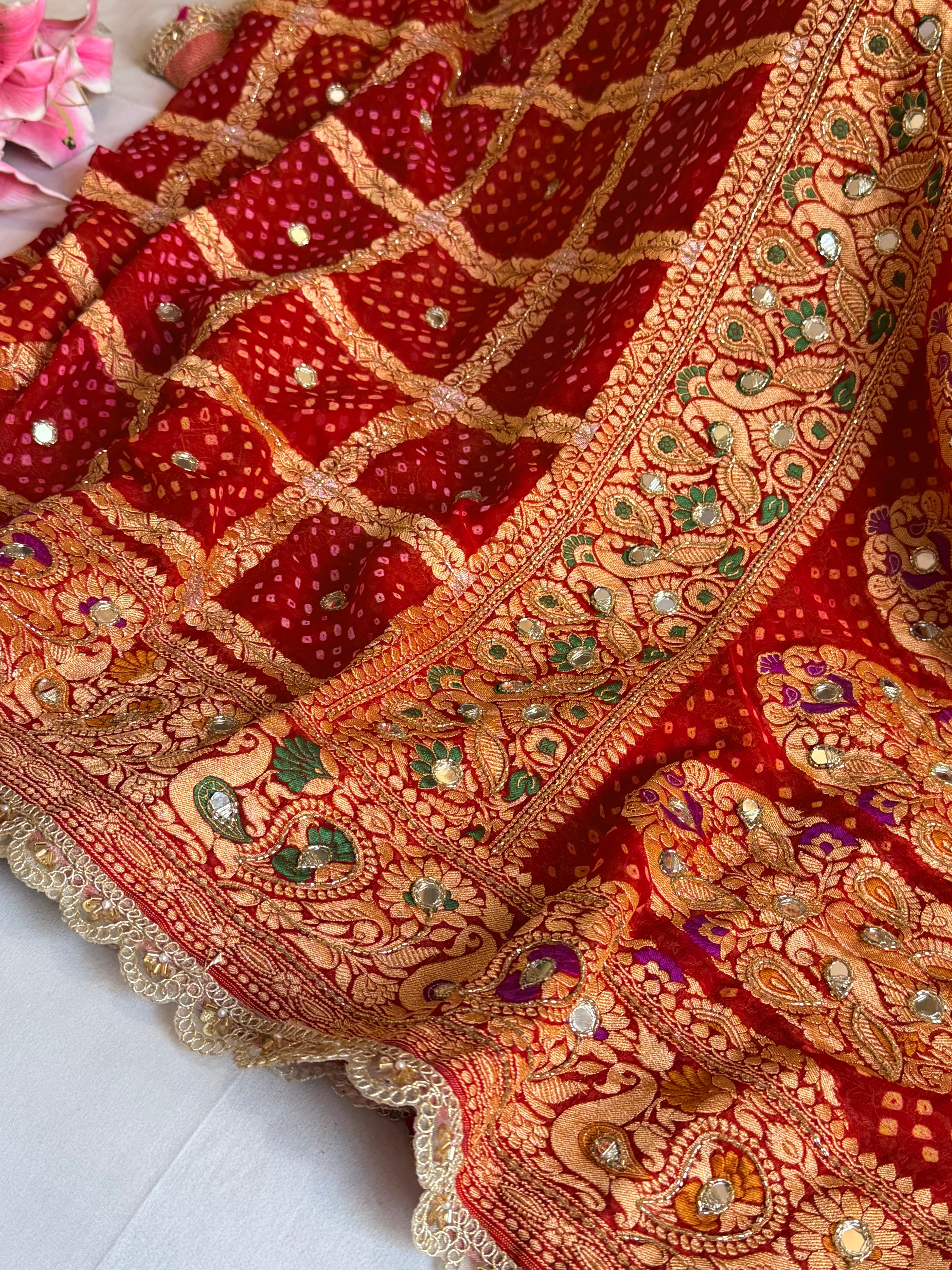 Bandhej saree ka sandook -  blood red shaded chiffon gorgette banarasi bandhej saree