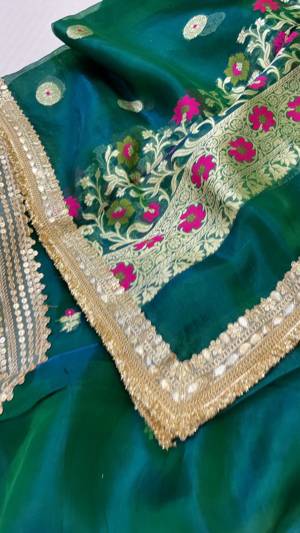 Heeramandi peacock greenish-blue dhup chao effect tissue silk meenakari suit set