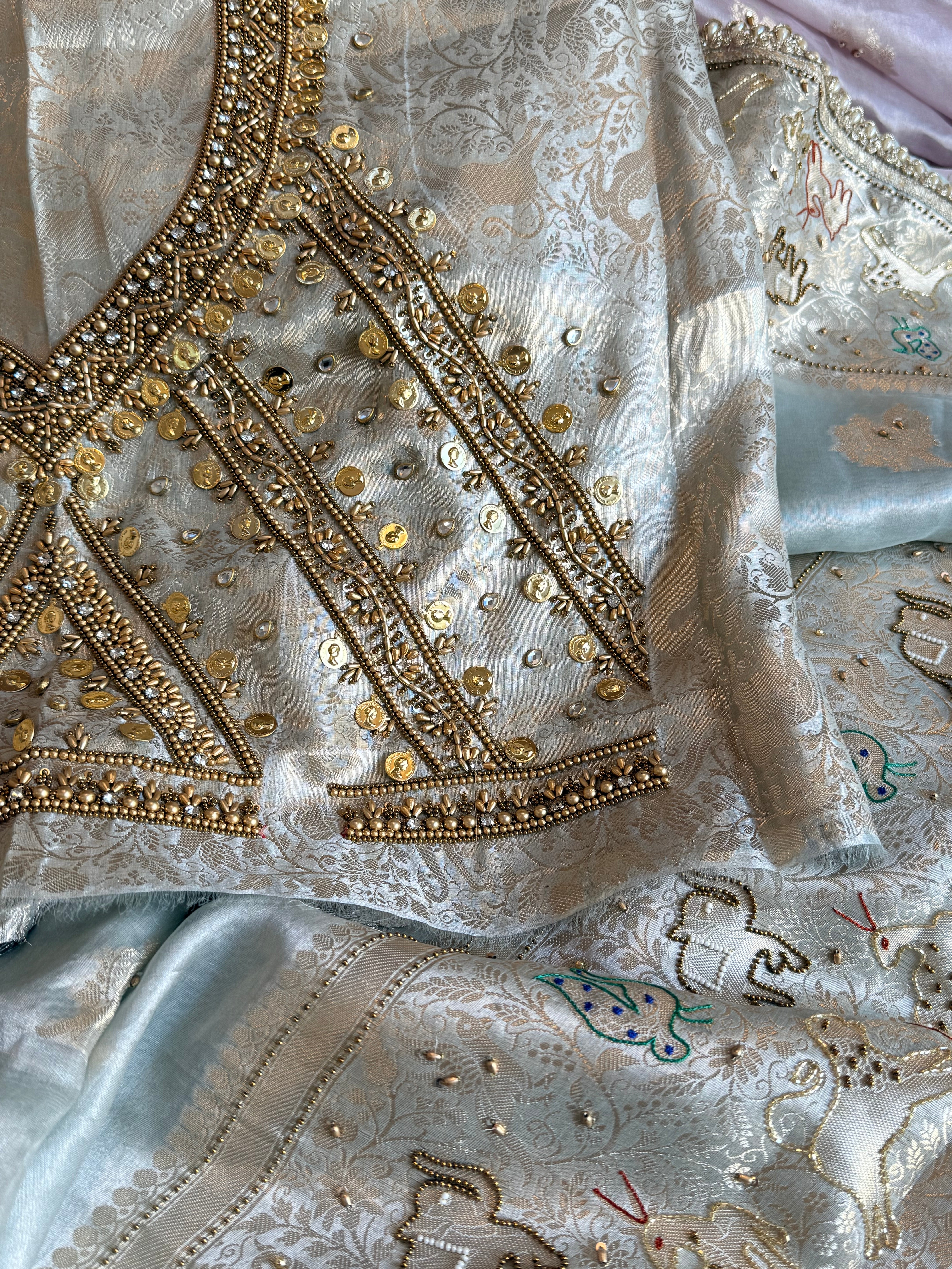 Vrindavan edit saree - Ice blue diamond tissue silk hand embroidered jadau work saree