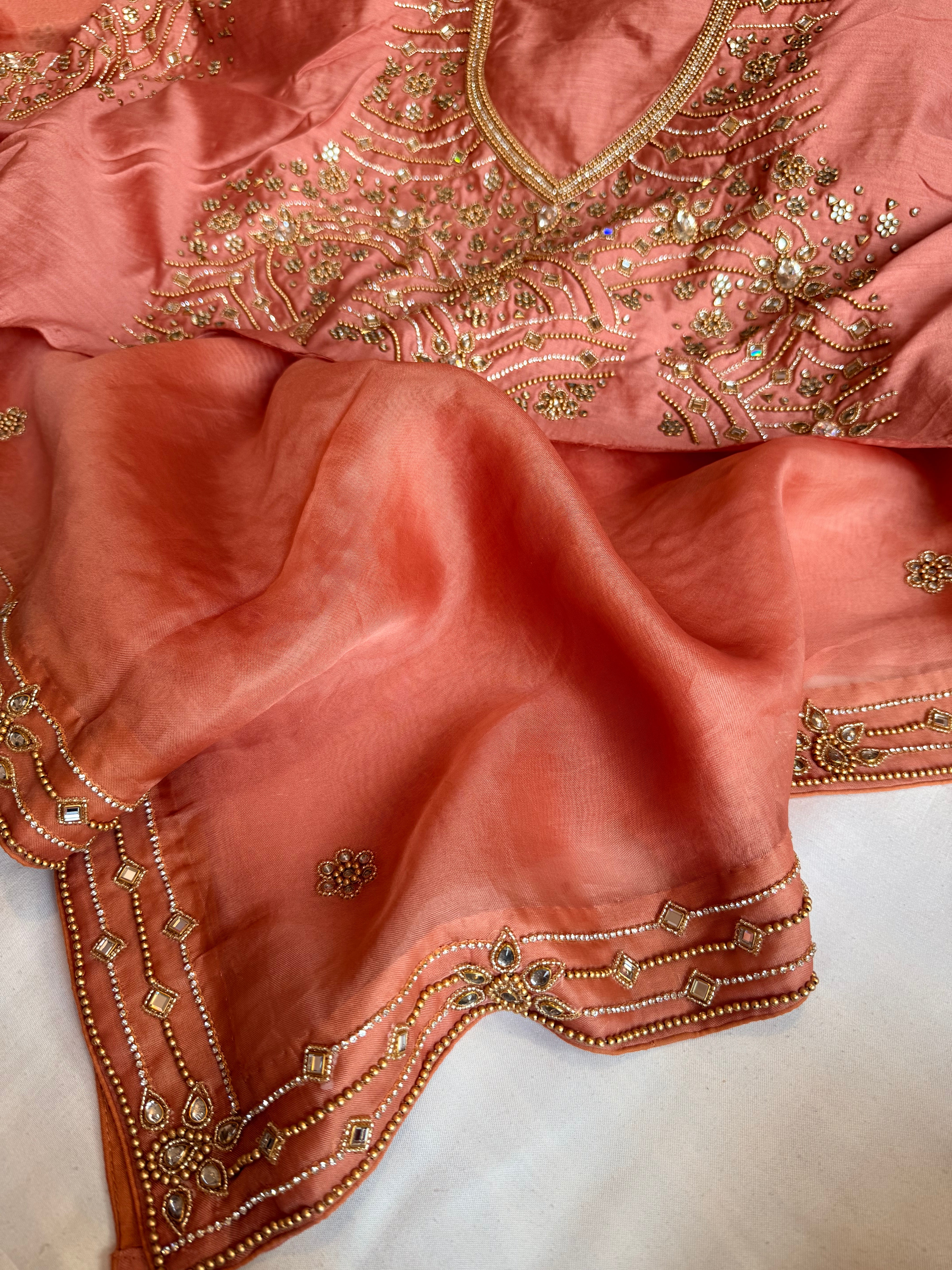 Banarasi rose peach kora silk polki hand embroidered kadhwa saree
