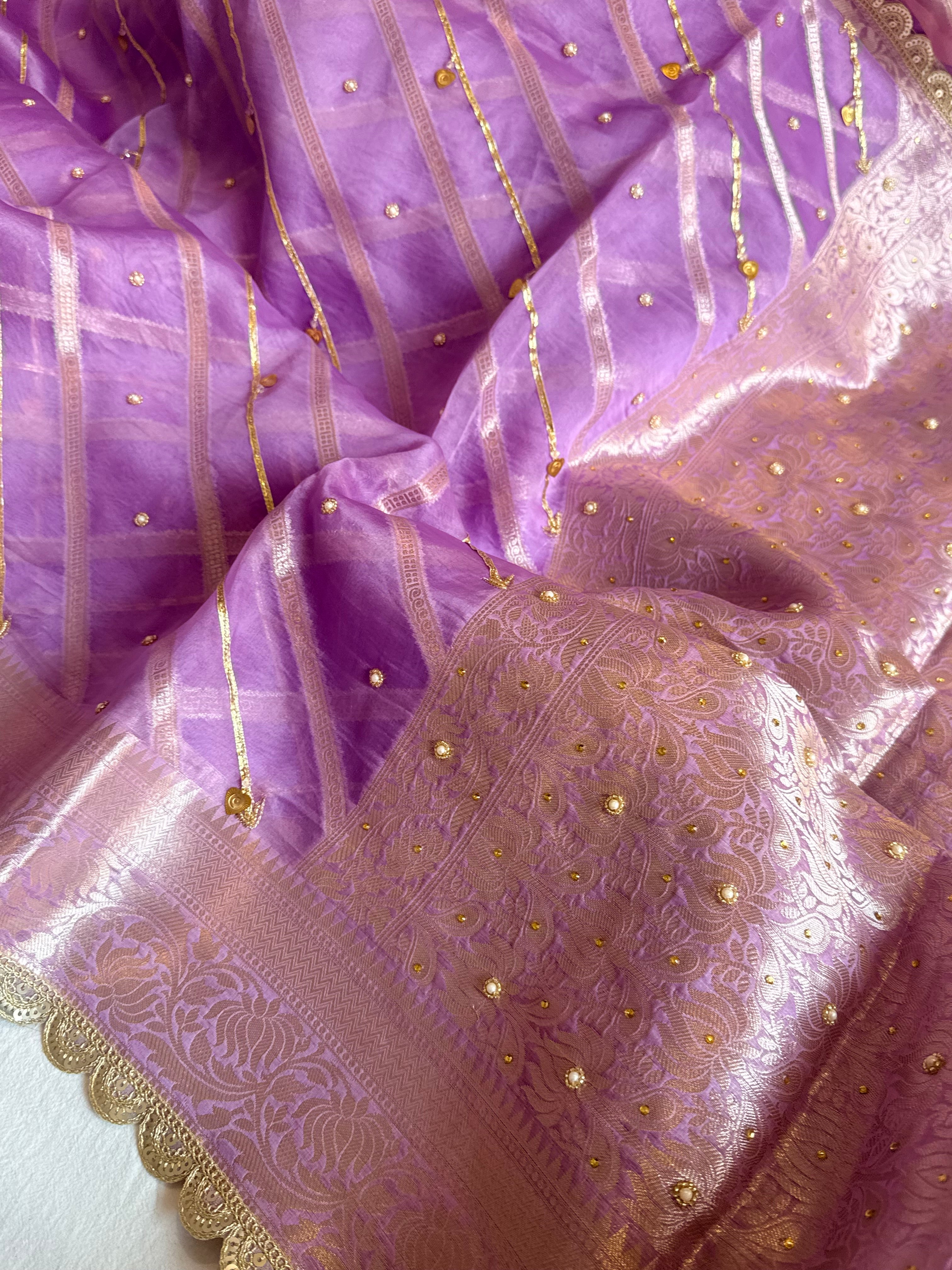Kora silk kadhwa striped gotapatti work hand embroidered saree