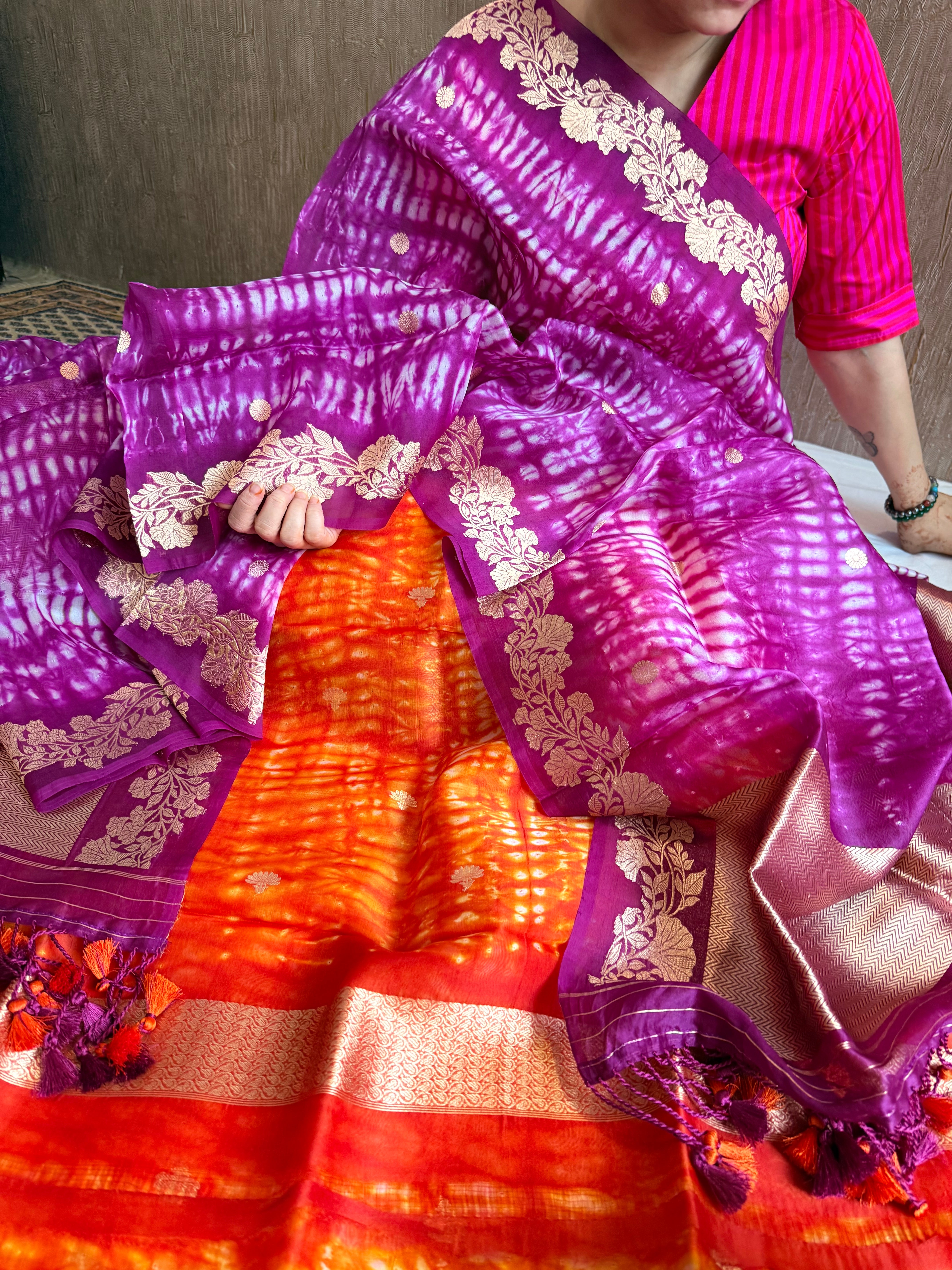 Purple - orange banarasi blue kora silk shibori dye kadhwa suit set