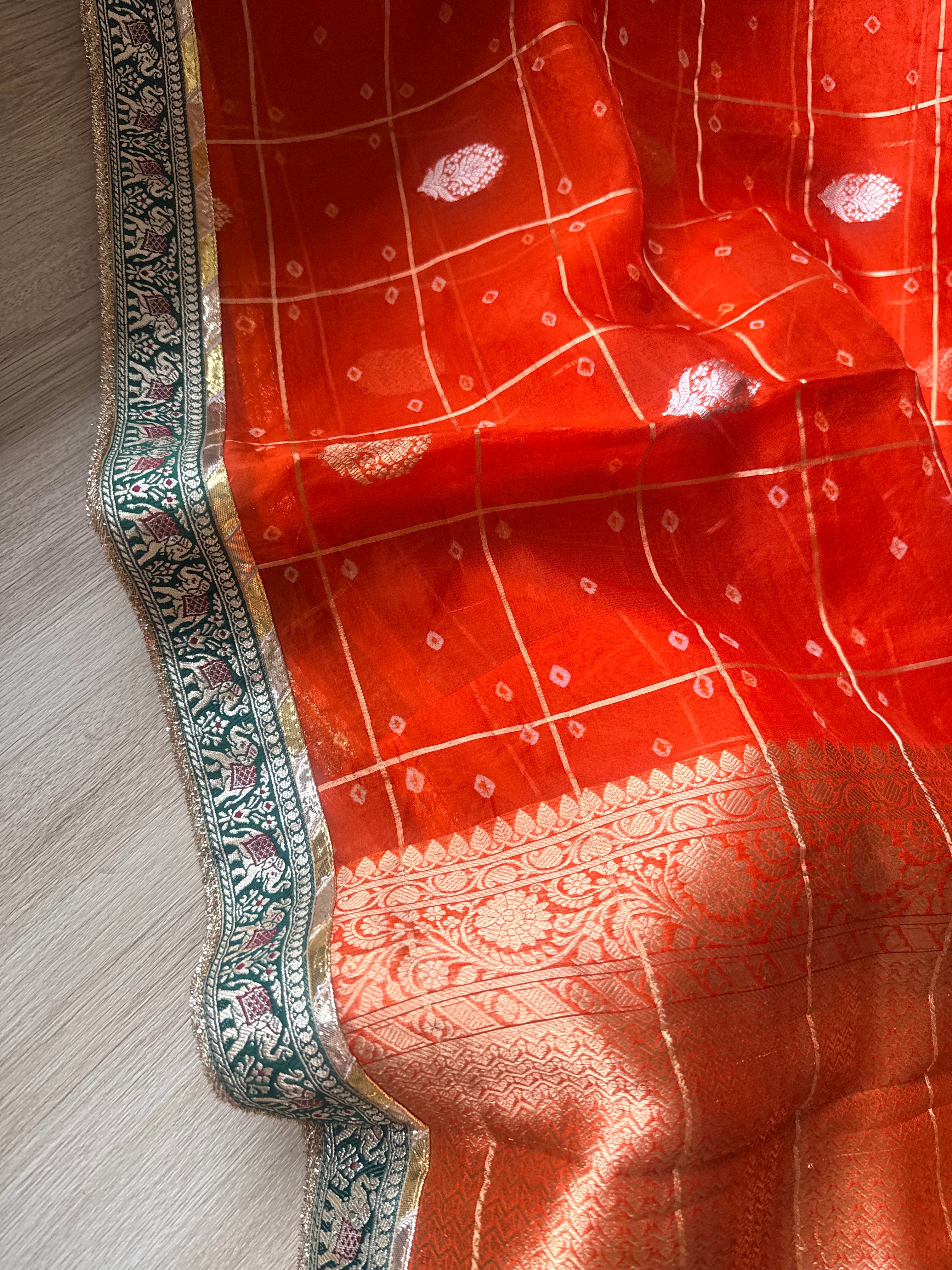 Kora bandhej edit - Fanta orange kora silk kadhwa buti hand embroidered saree
