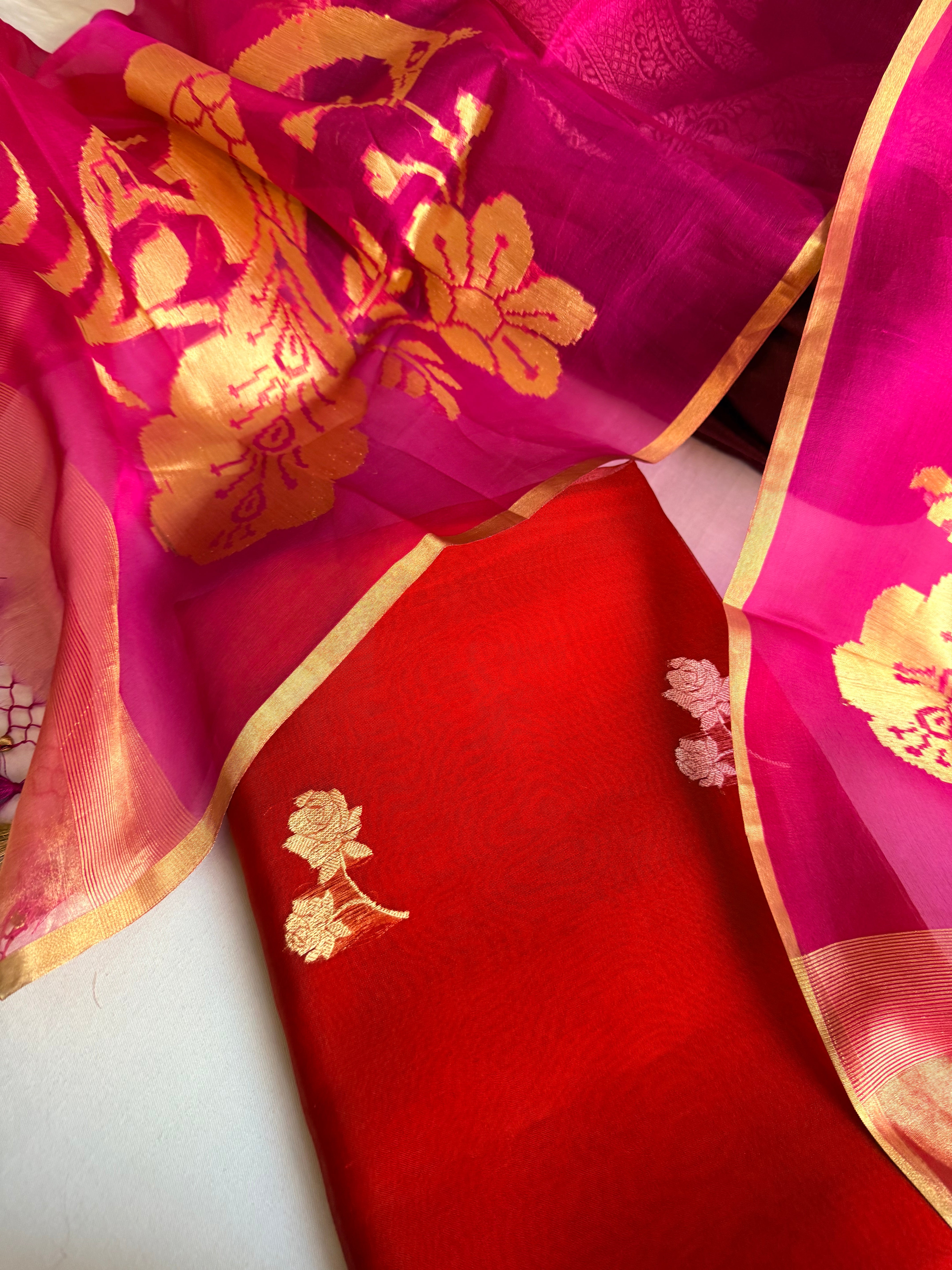 Peacock motif kora silk kadhwa mustard-red combination suit set