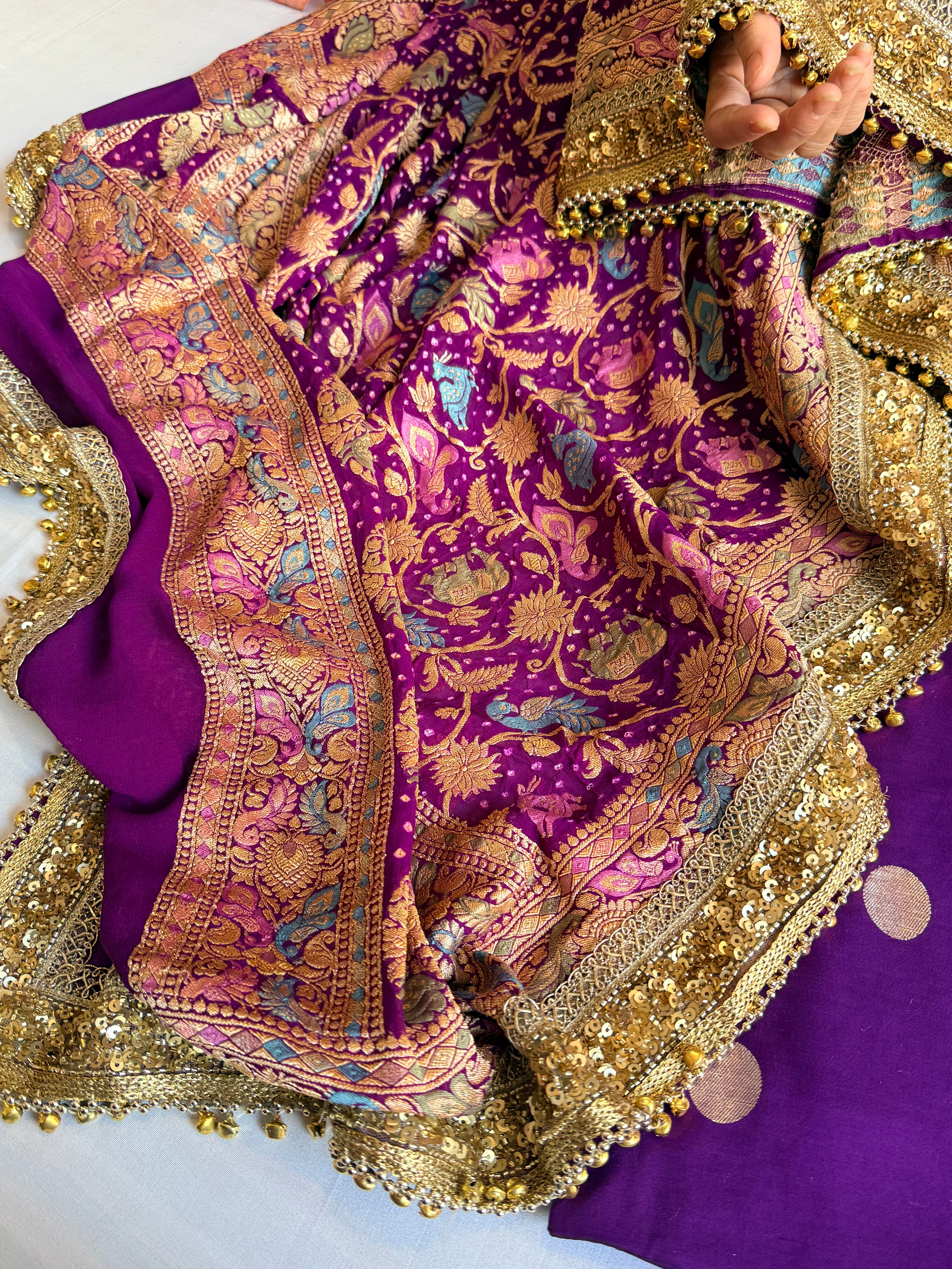 Banarasi bandhej purple ghungroo and sequin work chiffon gorgette kadhwa suit set
