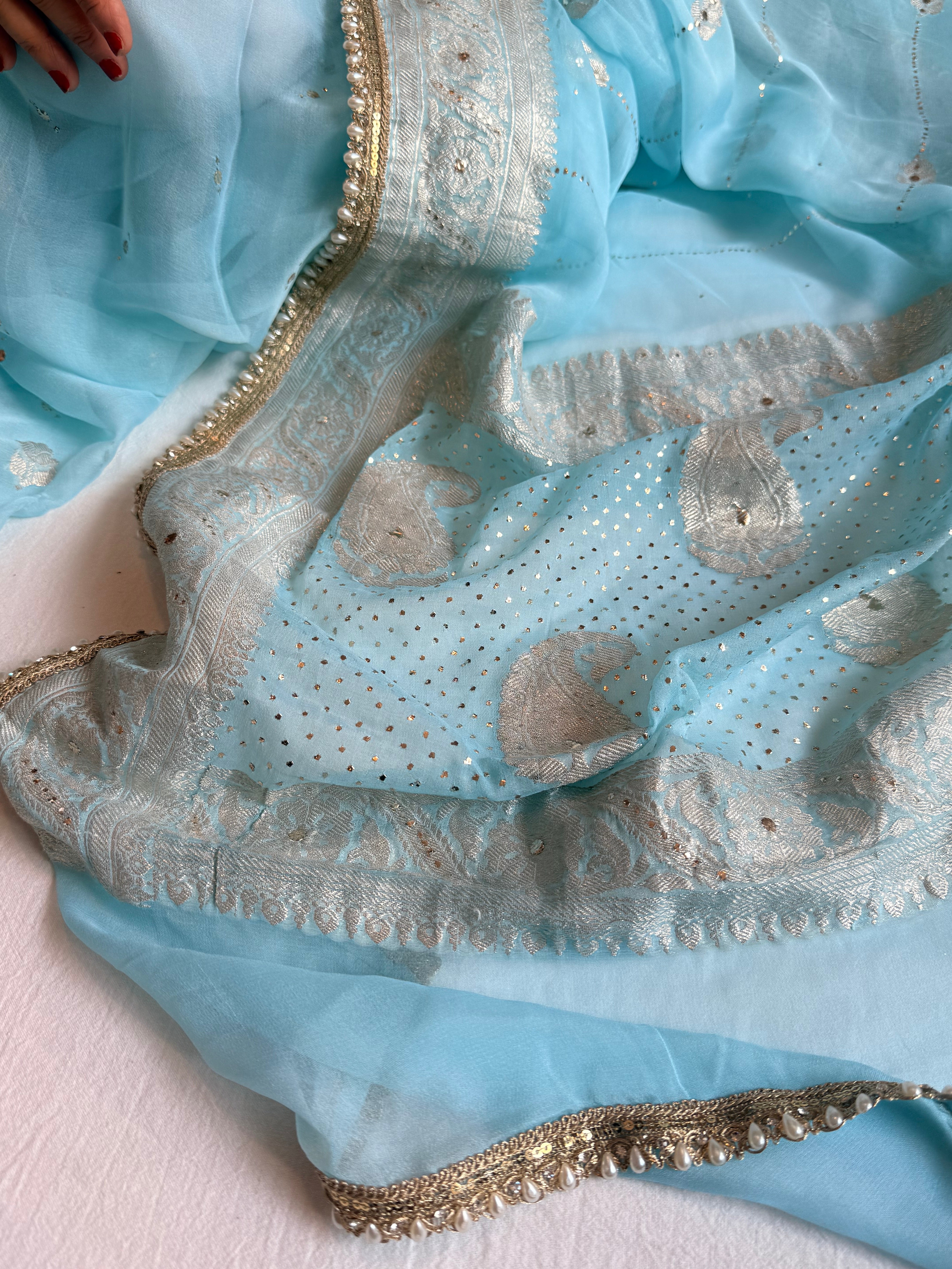 Chiffon gorgette banarasi firozi blue mukaish work hand embroidered saree