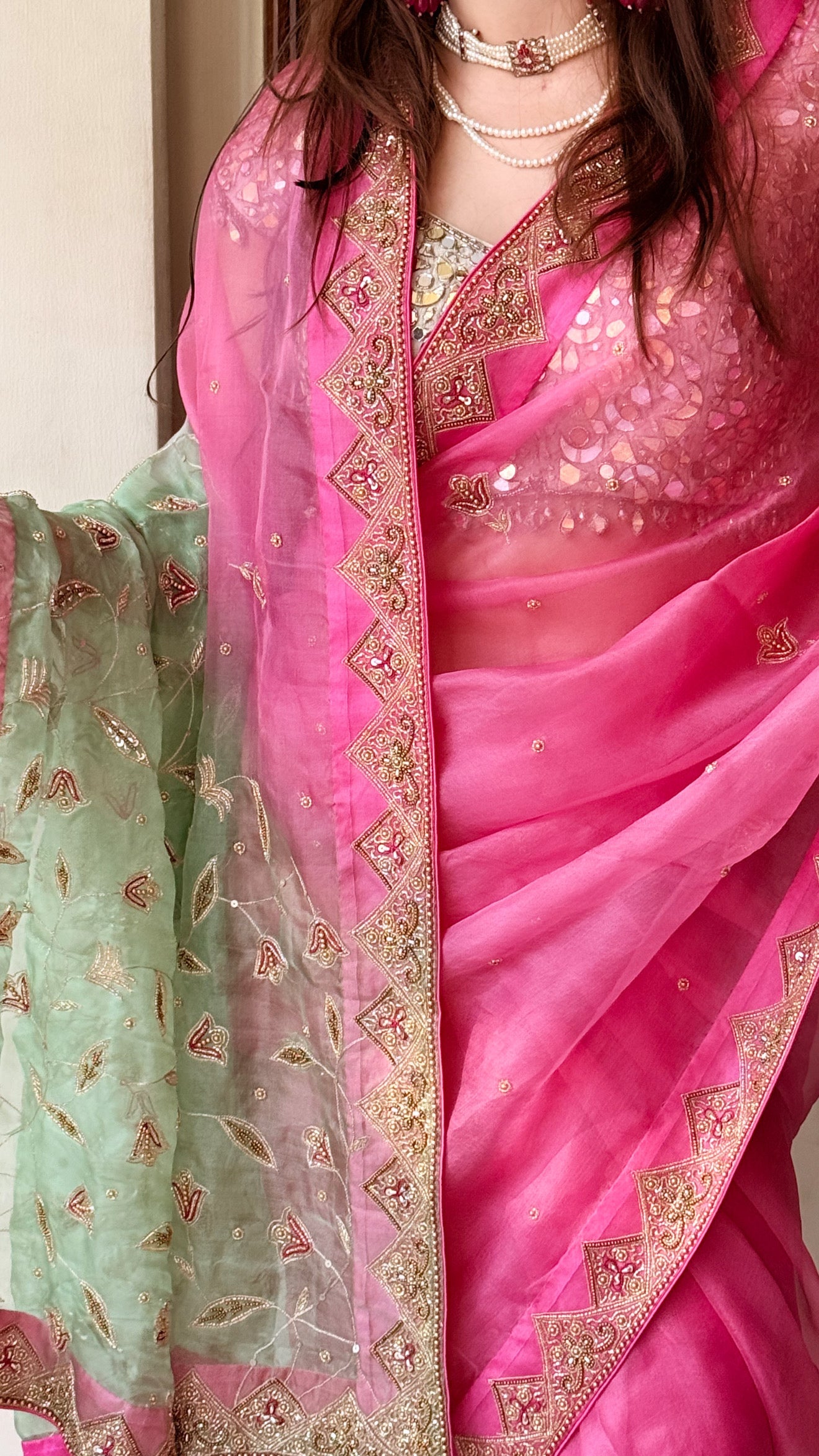Gulkand edit - Banarasi kora silk ombre shaded hand embroidered kadhwa saree preorder on 15 days