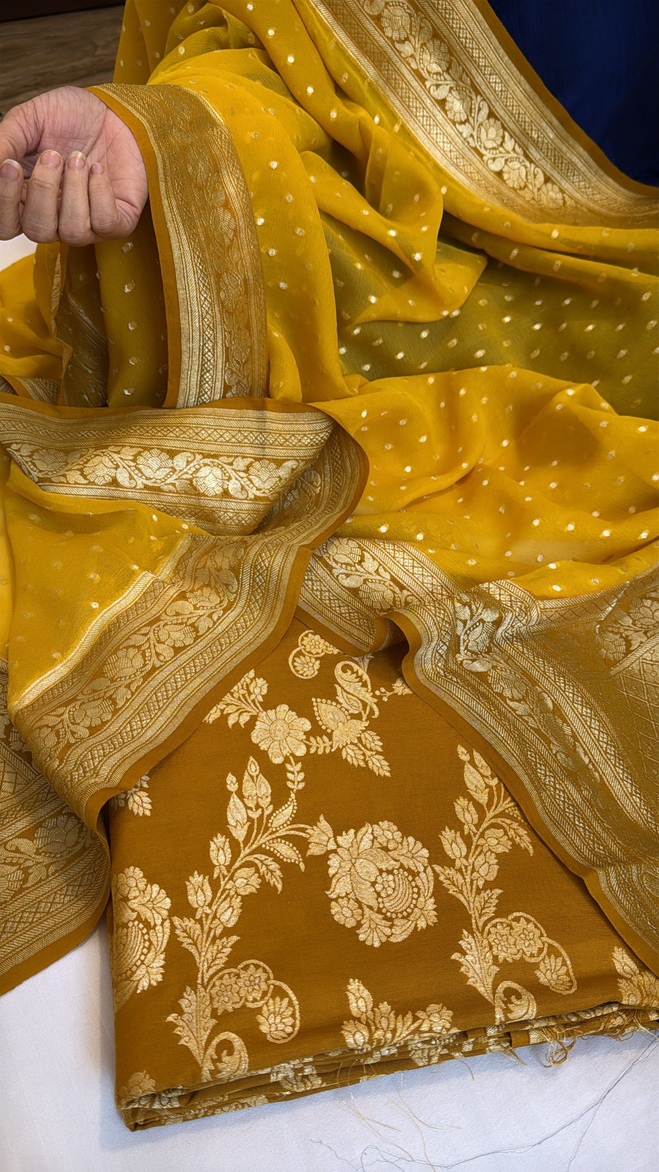 Olive gold-mustard chap dye moonga silk kurta paired with gorgette duppata set
