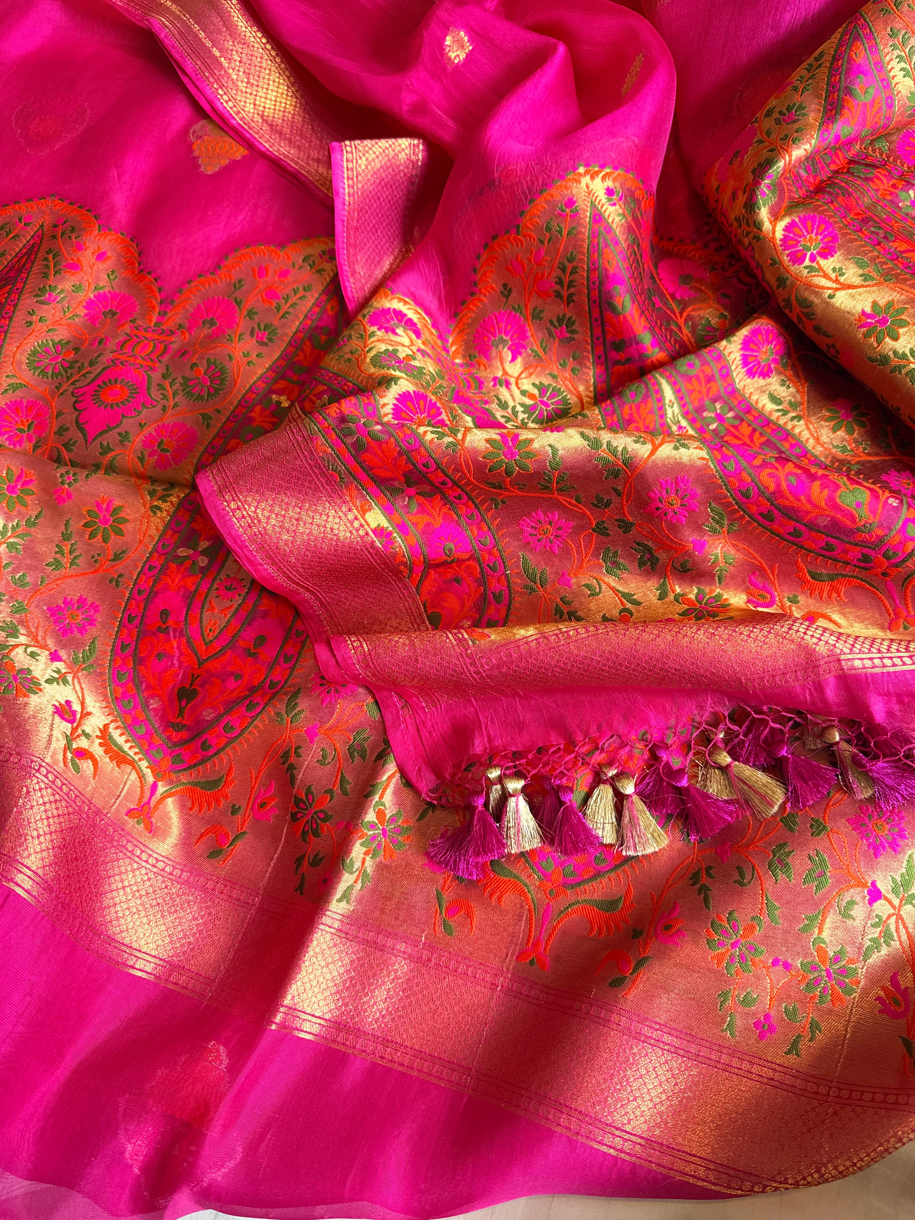 Butter silk banarasi hot pink meenakari kadhwa weaving suit set