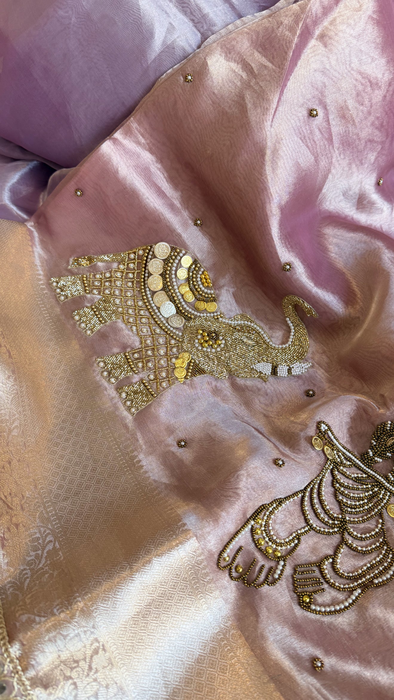 Gulabi jadau edit - Soft pink tissue silk jadau work hand embroidered saree