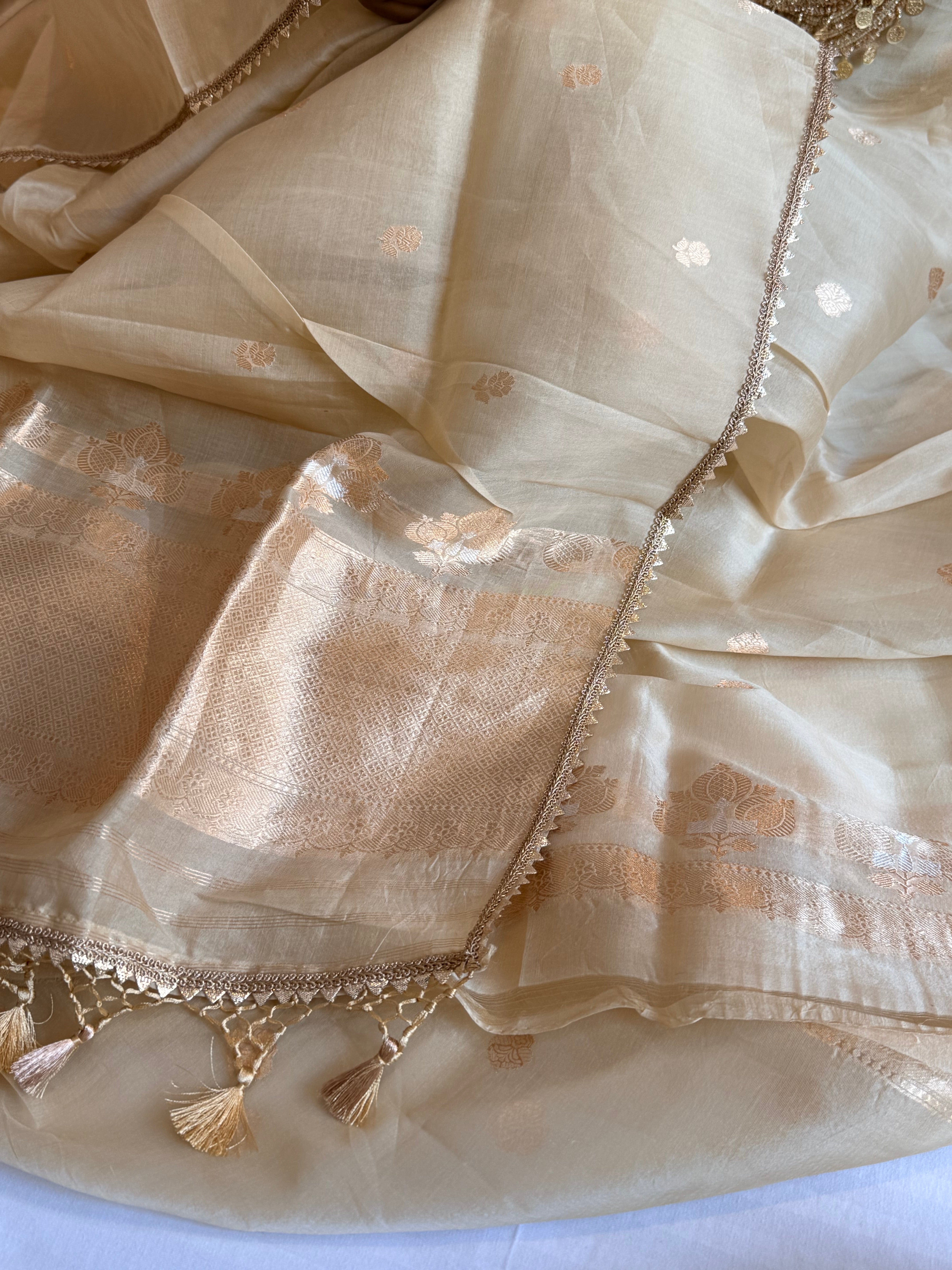 Coinwork banarasi kora silk kadhwa buti champagne gold suit set