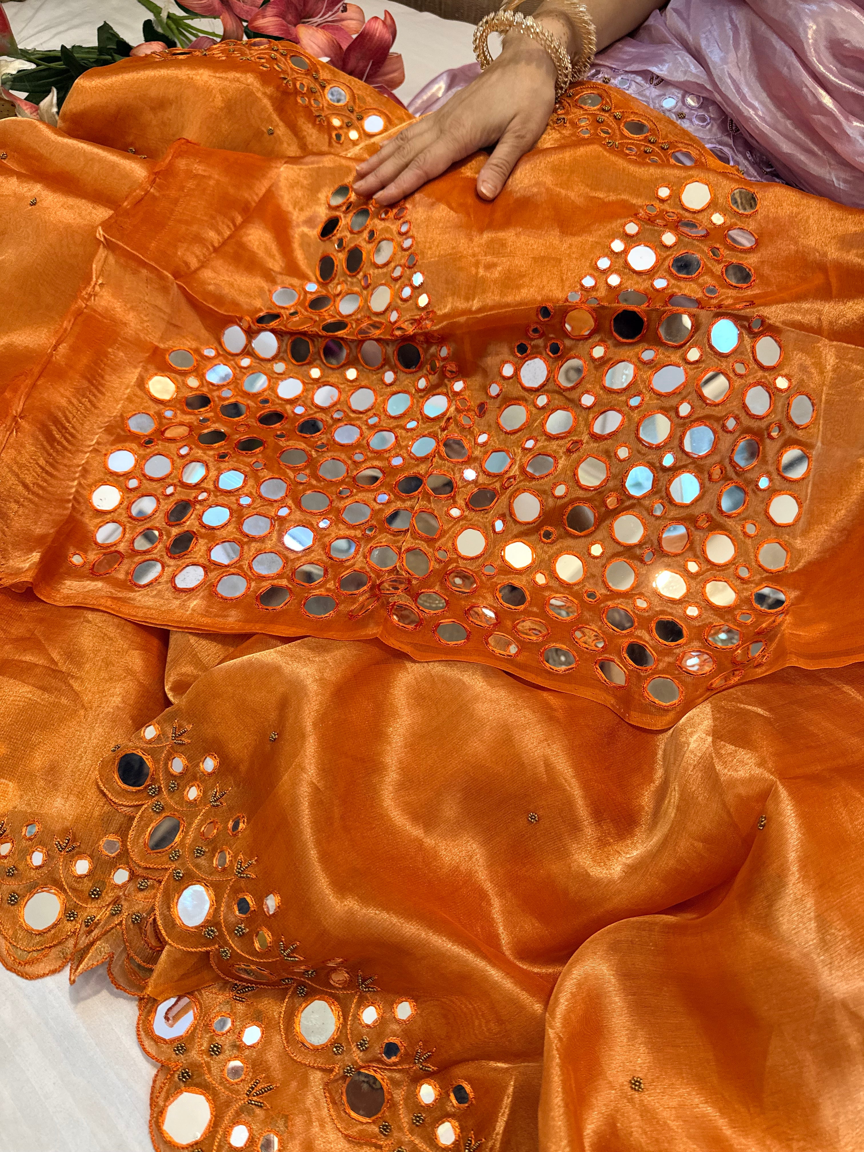Sheeshe wali fanta orange tissue silk mirrorwork hand embroidered banarasi saree