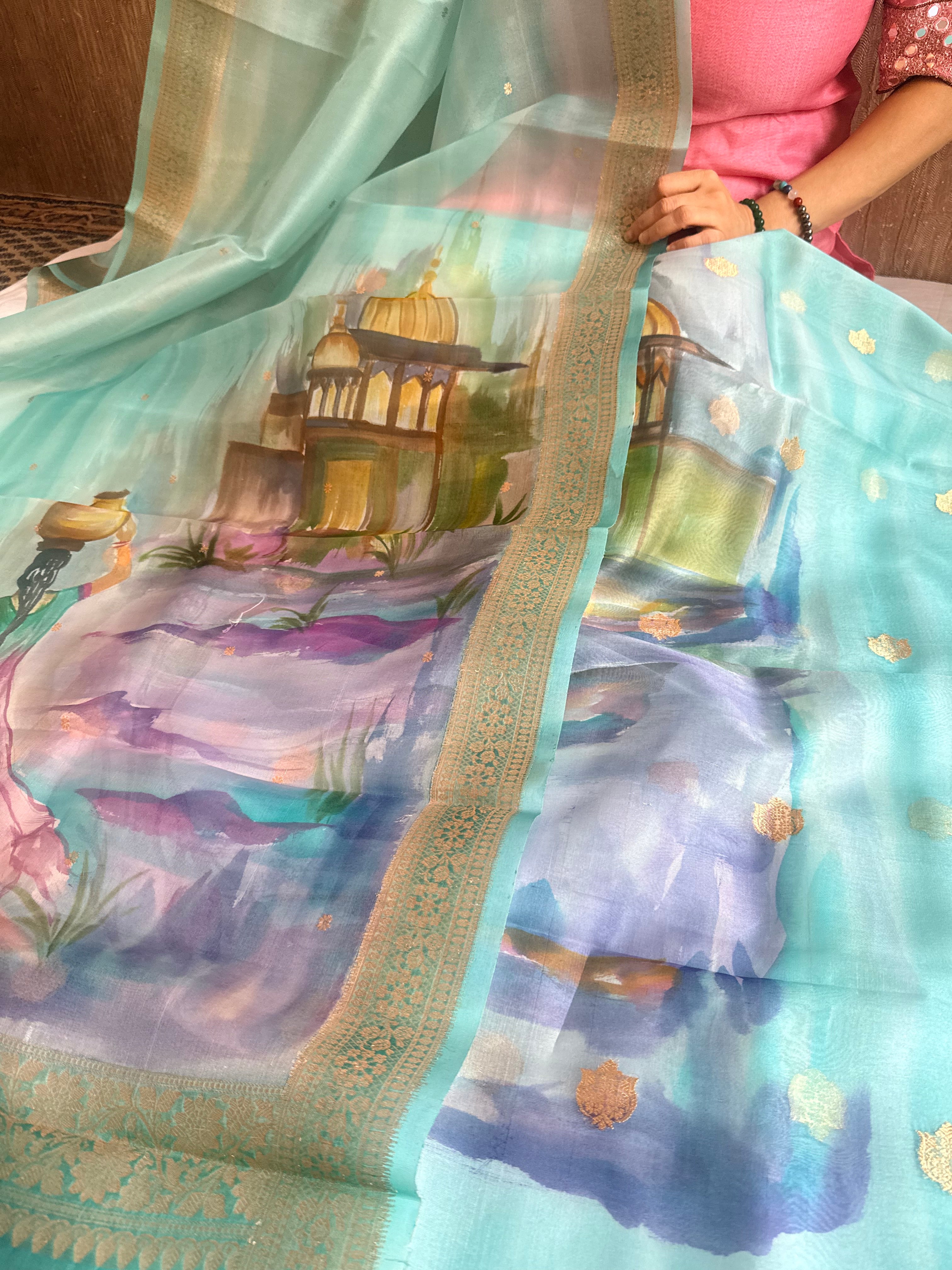 Banarasi kora silk handpainted ghatwork kadhwa buti rainbow dye suits
