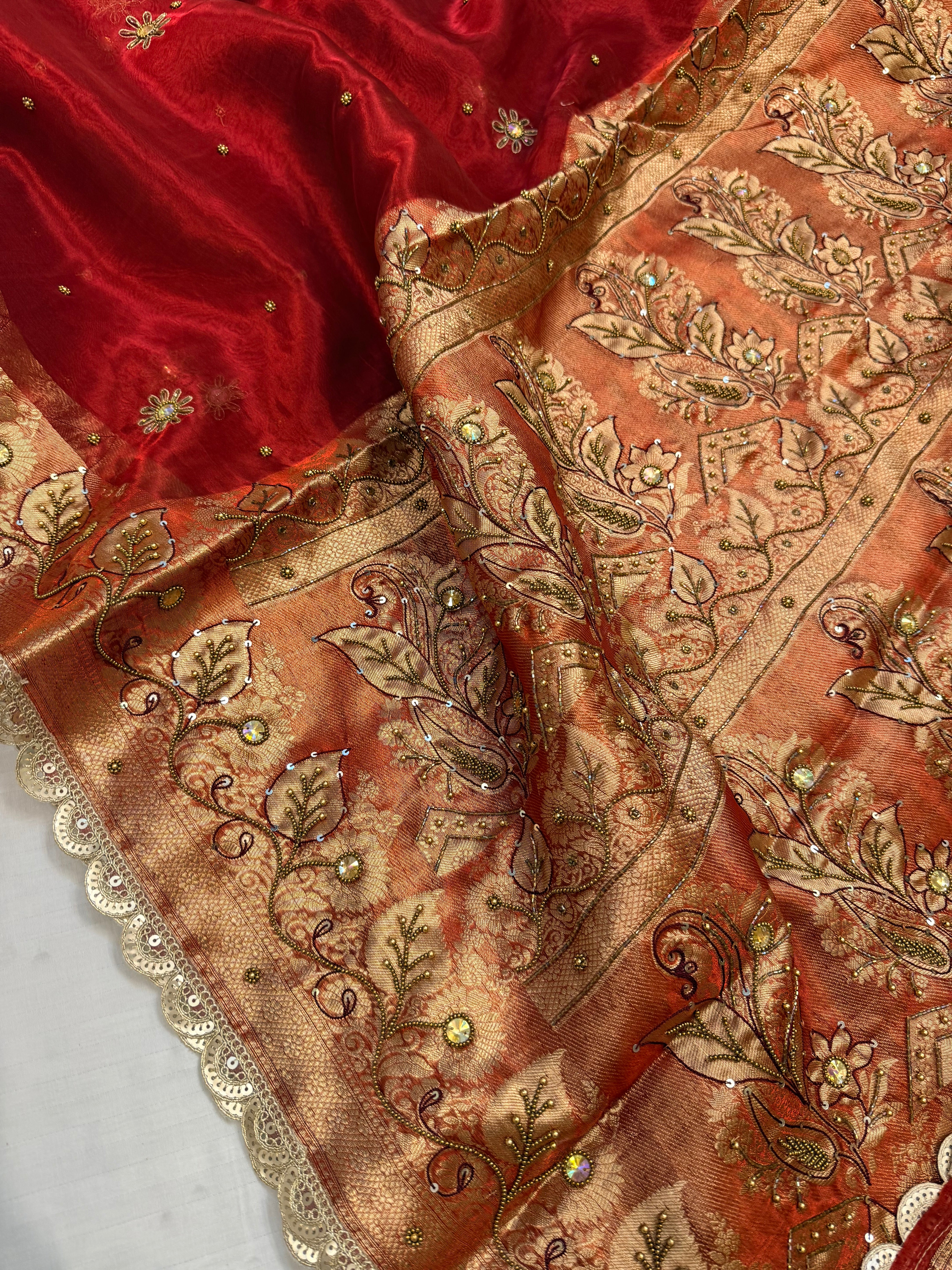 Blood red husn tissue silk hand embroidered kadhwa saree