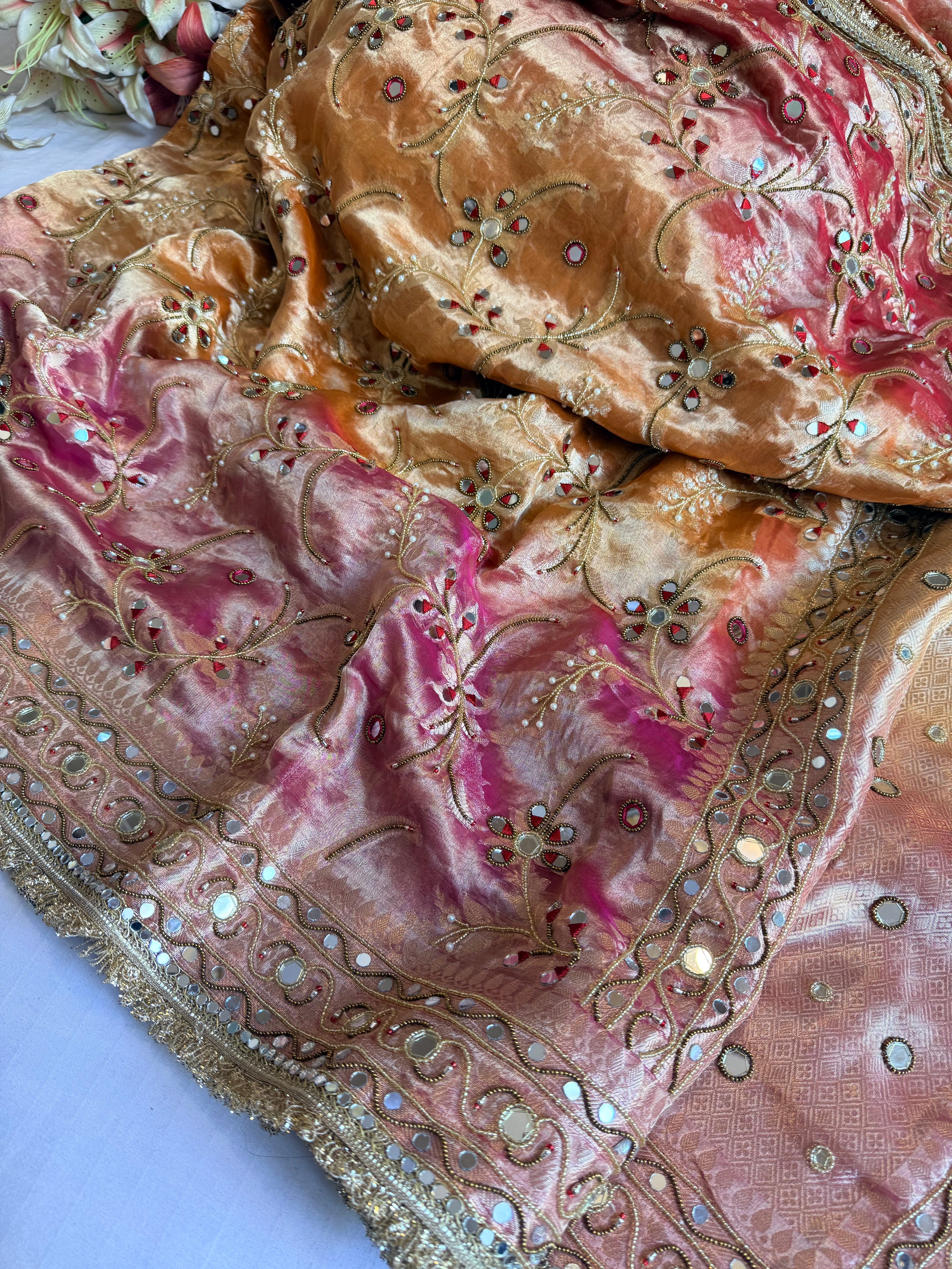 Kumkum edit tissue silk jaalwork hand embroidered saree