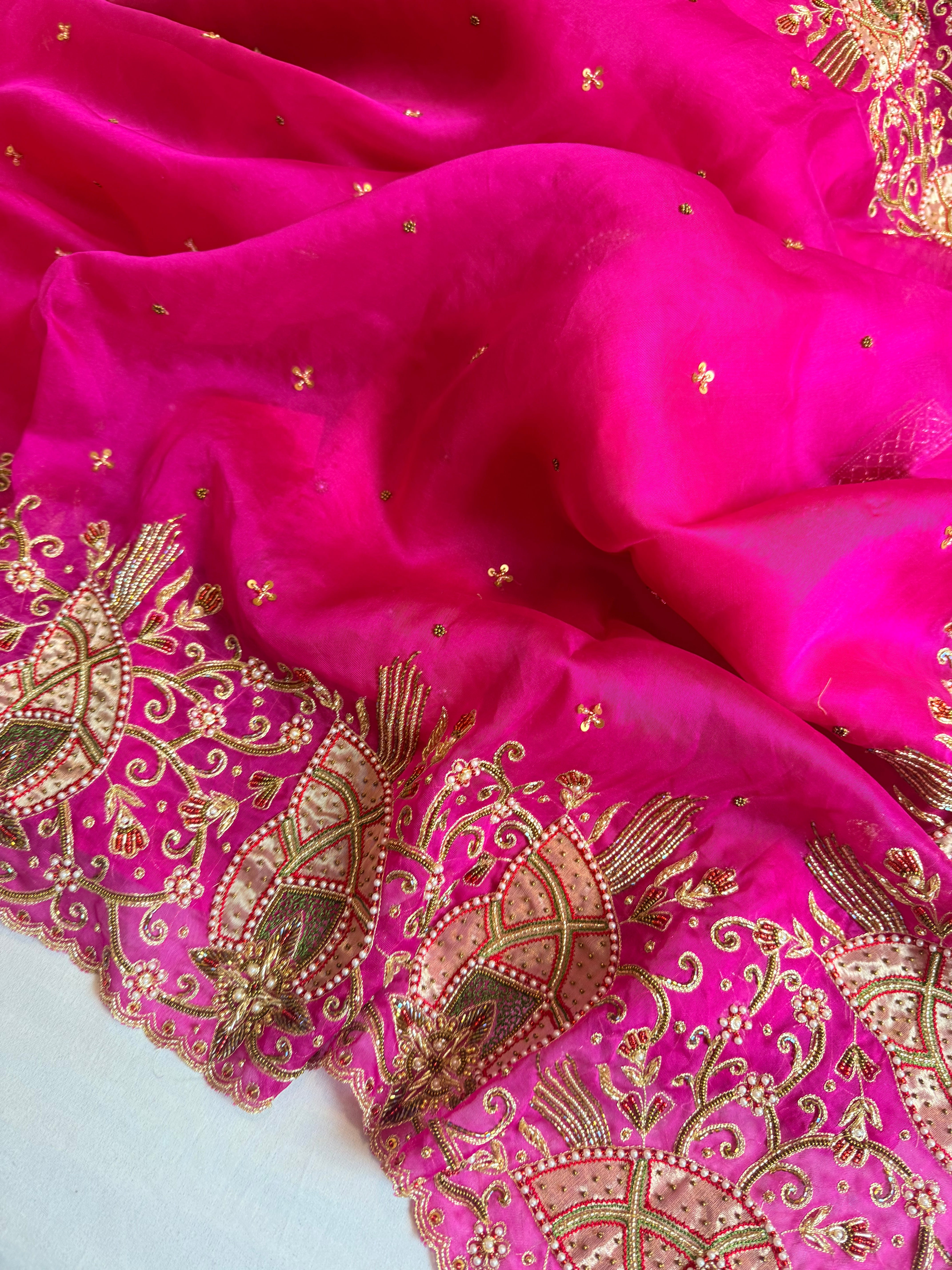 Gulab genda edit - Banarasi Kora silk hot pink hand embroidered saree