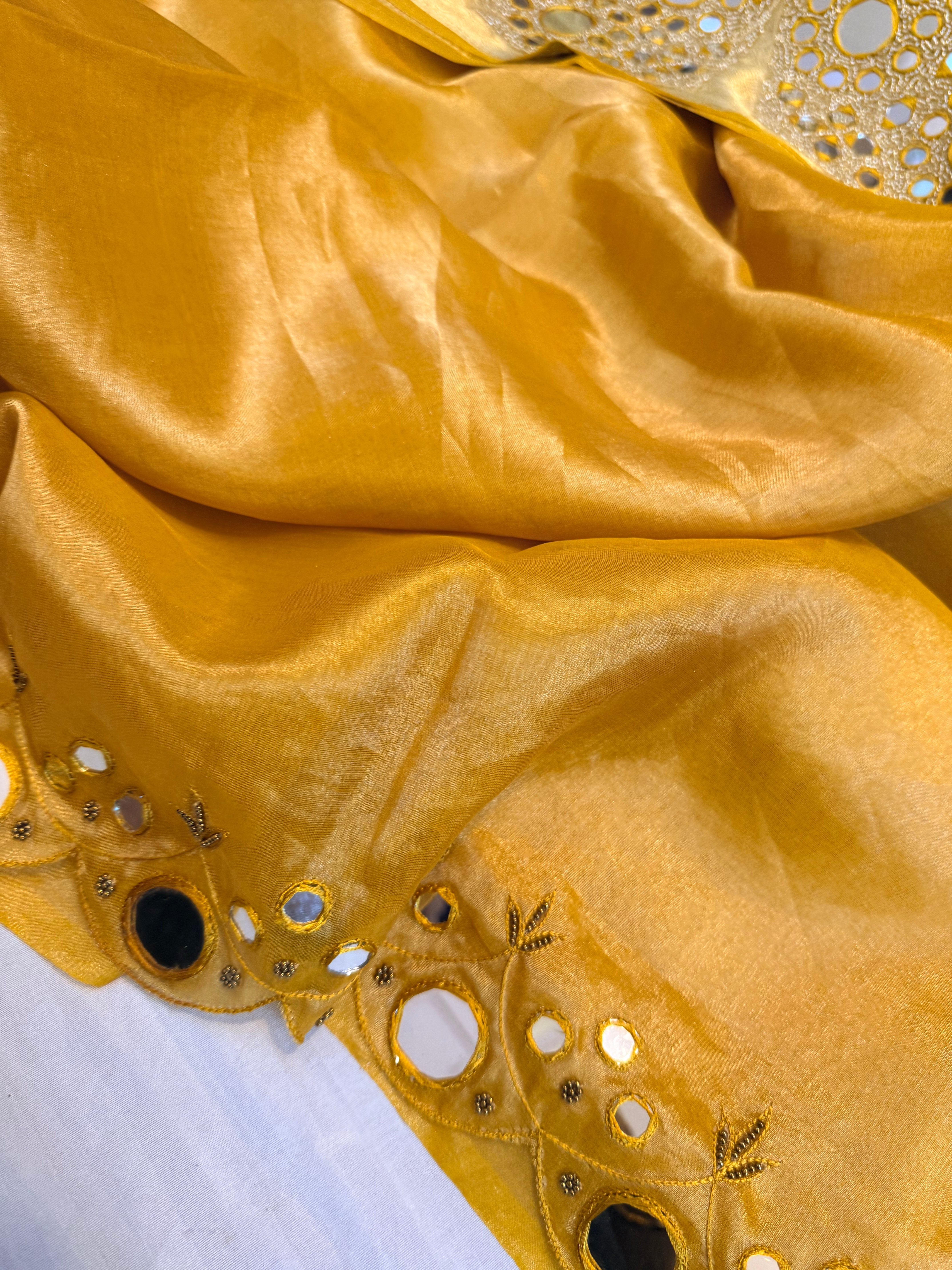 Sheeshe wali haldi yellow tissue silk mirrorwork hand embroidered banarasi saree